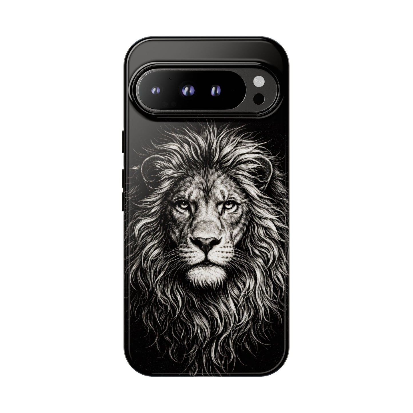 Lion Portrait Tough Phone Case — Protective Black Rugged Case with Detailed Lion Artwork