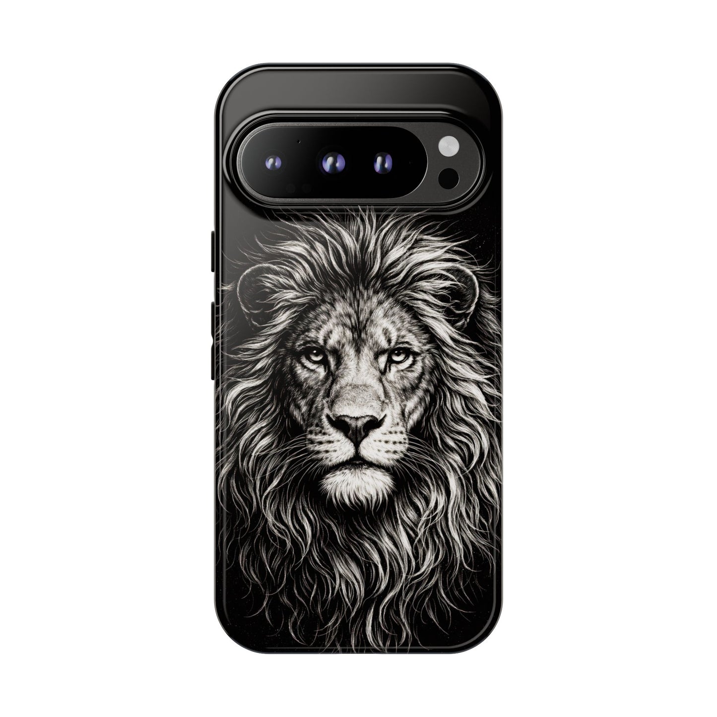 Lion Portrait Tough Phone Case — Protective Black Rugged Case with Detailed Lion Artwork