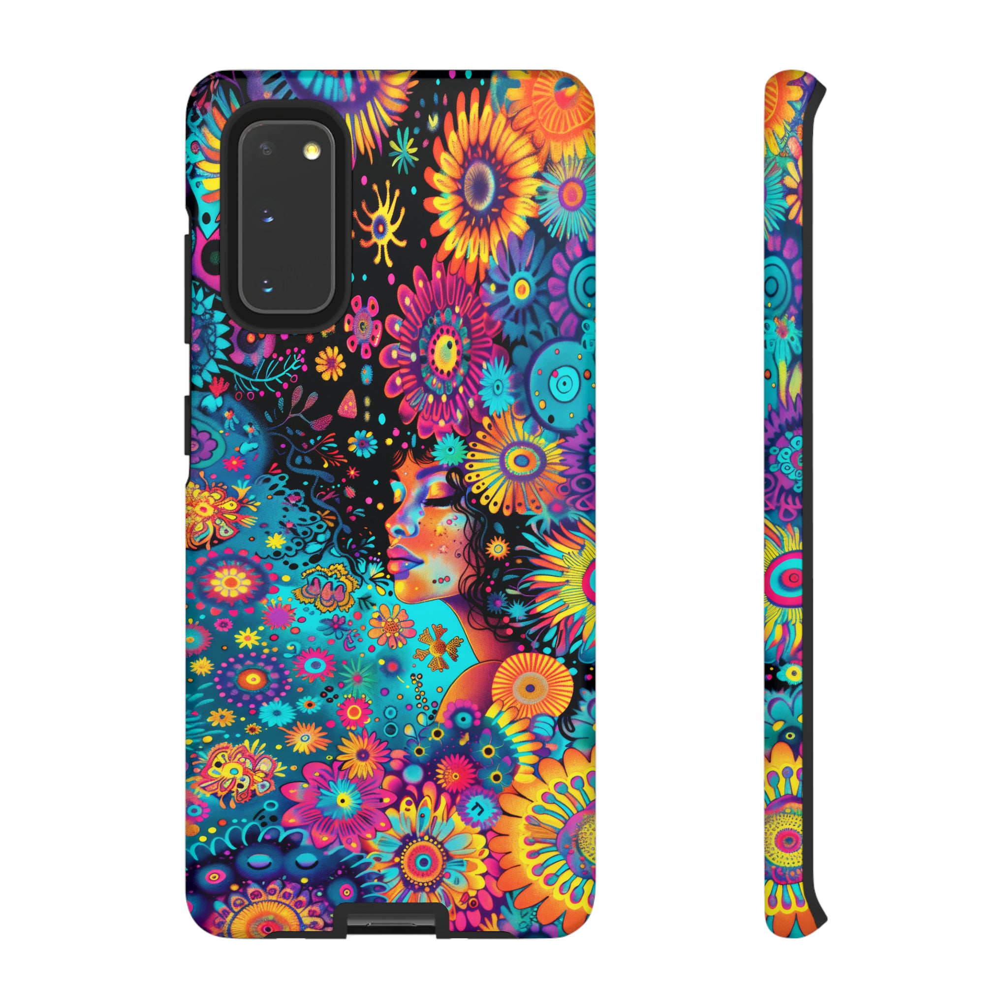 Phone Case, 1970's inspired flower girl, Artistic design, Tough Case, Colorful whimsical flower fantasy design, iPhone 15, 14, 13, 12, 11, Samsung, Pixel