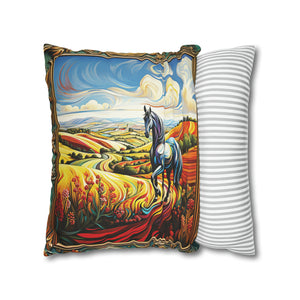 Square Pillow Case 18" x 18", CASE ONLY, no pillow form, original Art ,Colorful, Beautiful Horse on a Rainbow Landscape.