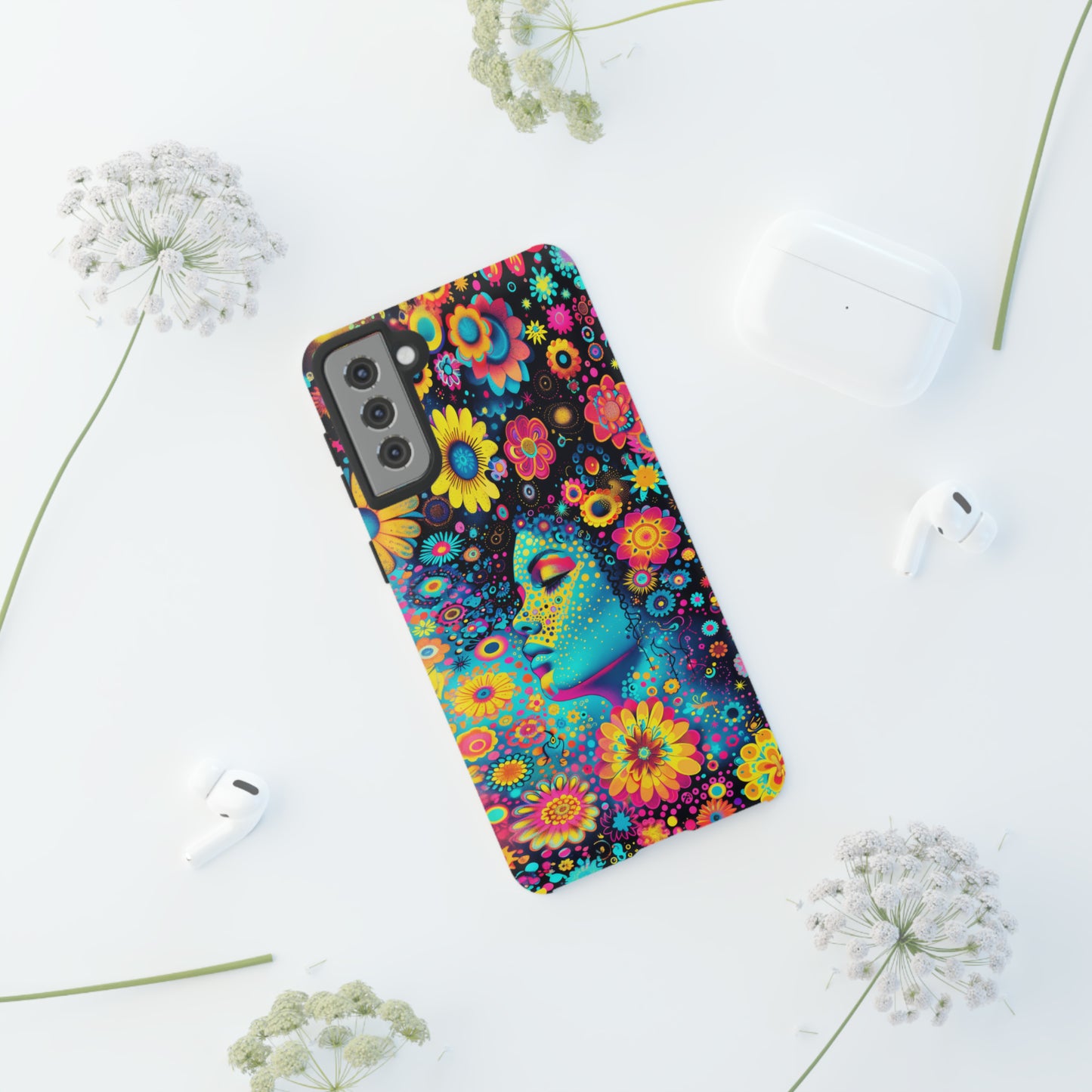 Phone Case, flower girl in aqua, Artistic design, Tough Case, Colorful whimsical flower fantasy design, iPhone 15, 14, 13, 12, 11, Samsung, Pixel