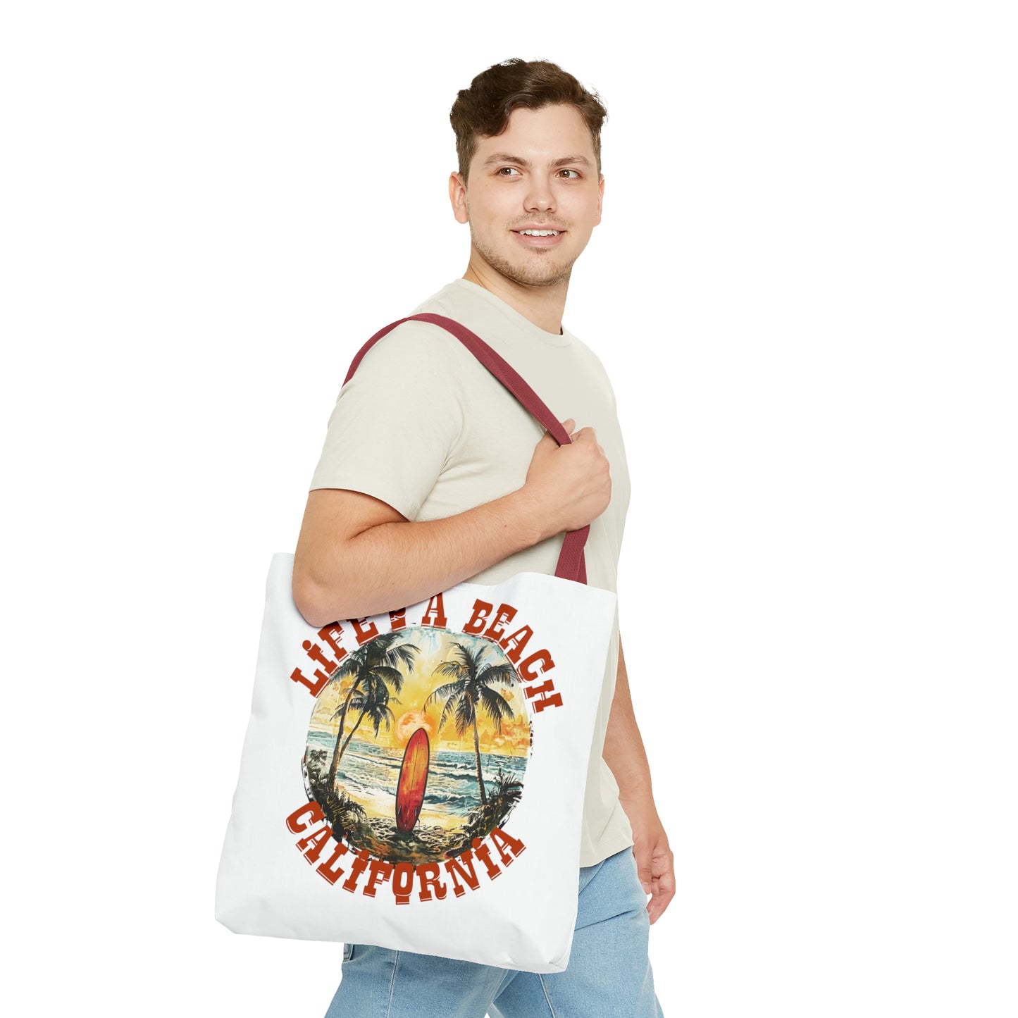 Life's a beach with red strap Tote Bag (AOP)