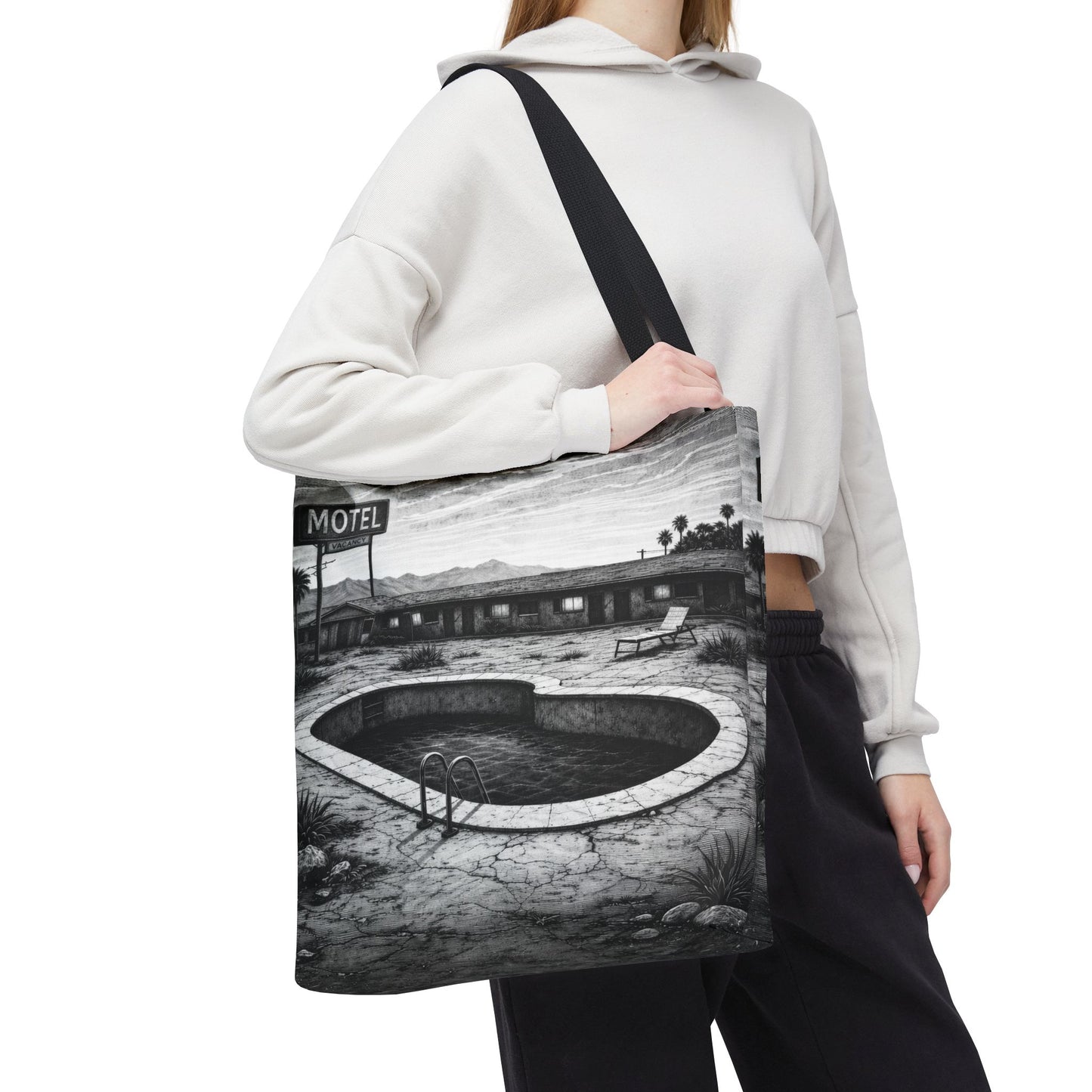 Retro Desert Motel Pool Tote Bag – Vintage Black & White Road Trip Art