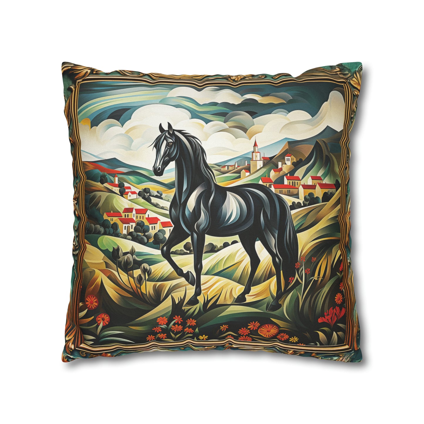 Square Pillow Case 18" x 18", CASE ONLY, no pillow form, original Art ,Colorful, Beautiful Black Stallion on a Spanish Landscape