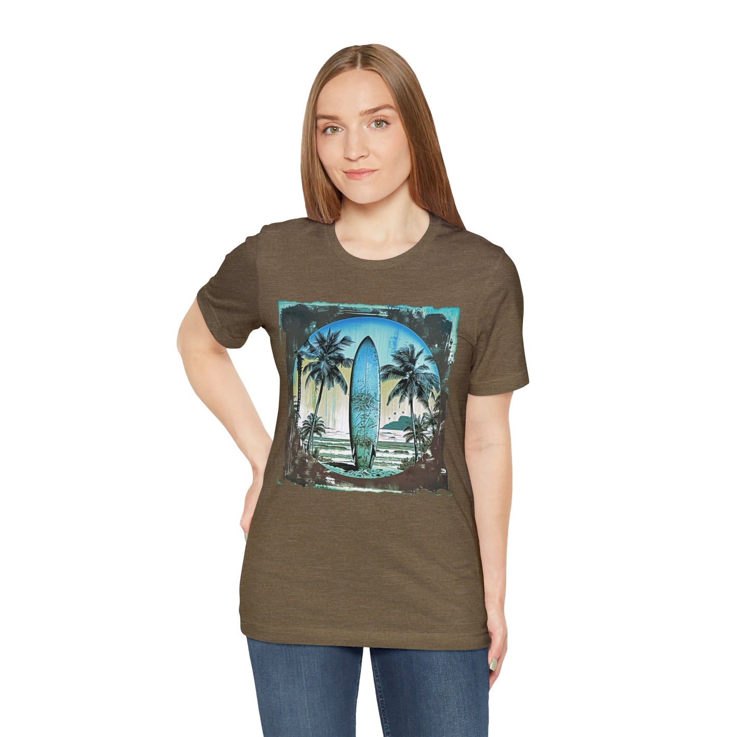 Blue board on the beach Unisex Jersey Short Sleeve Tee