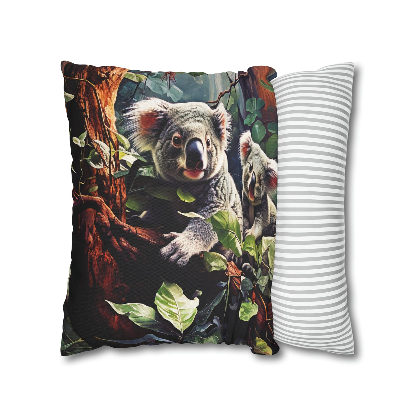 Square Pillow Case 18" x 18", CASE ONLY, no pillow form, original Art ,Colorful, Mother and Joey Koala on a Tree Branch in the Forest