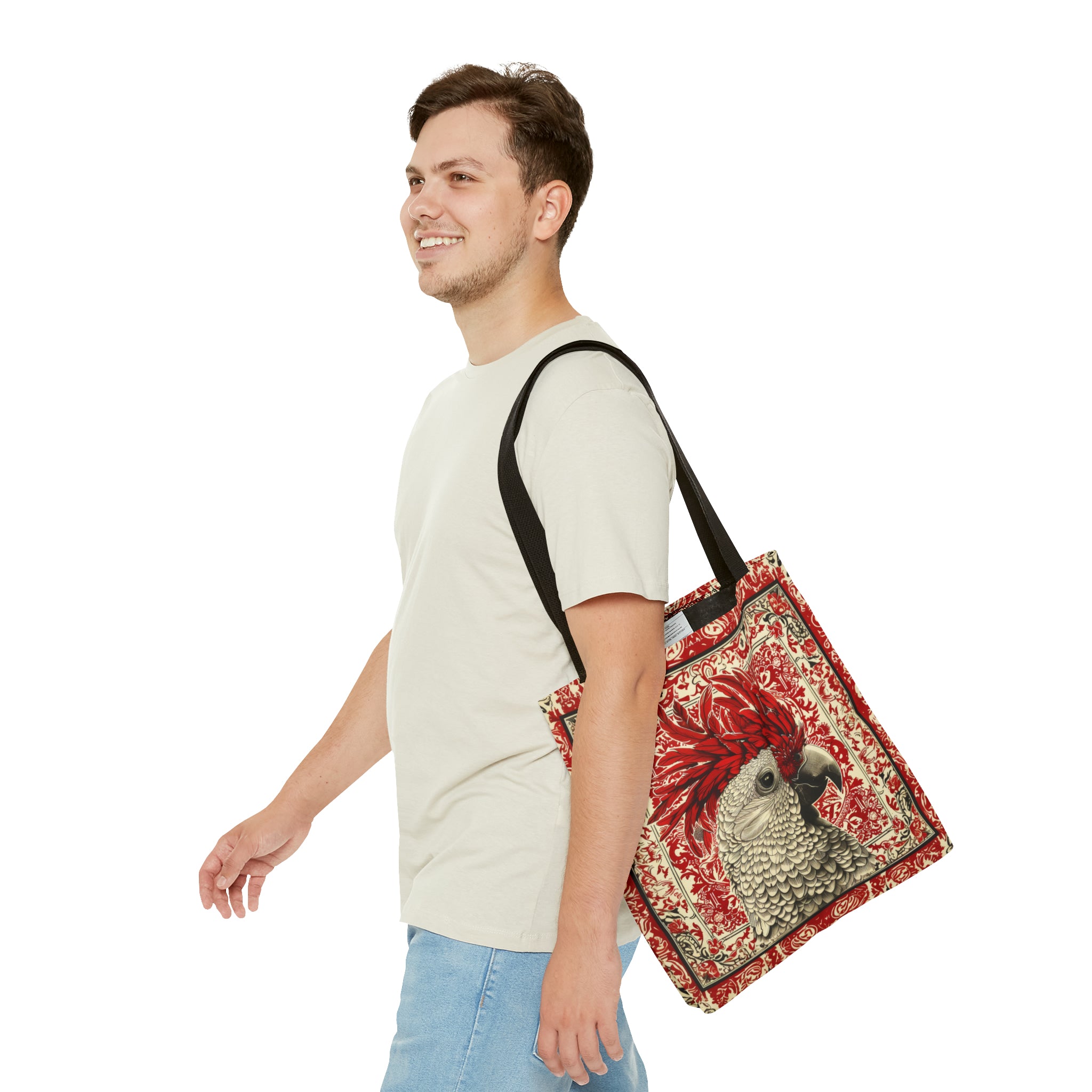 Canvas Tote Bag, vintage inspired exotic bird design in red, vibrant artistic accessory, whimsical all over print bag, three sizes