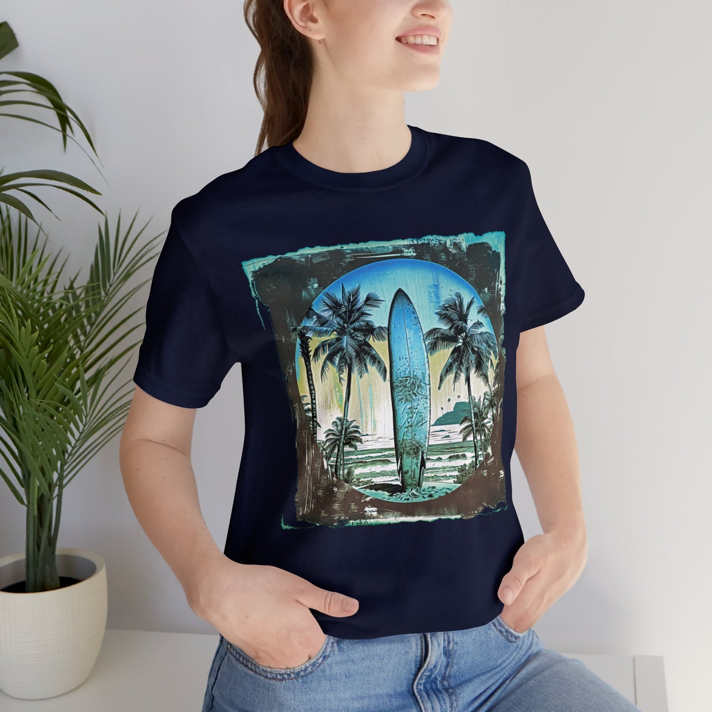 Blue board on the beach Unisex Jersey Short Sleeve Tee