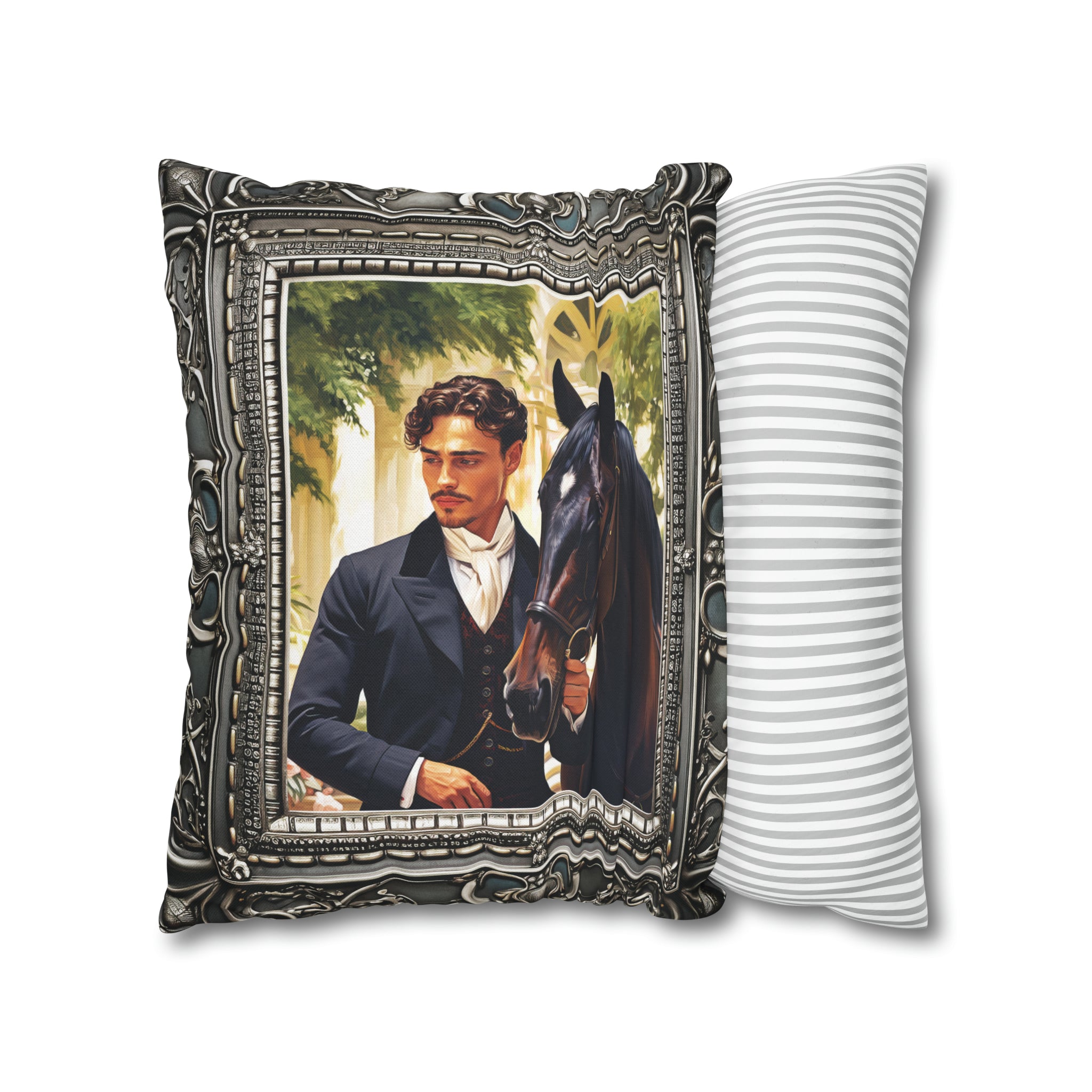 Square Pillow Case 18" x 18", CASE ONLY, no pillow form, original Art, a Painting of a young Nobleman and his Horse in an Antique Frame