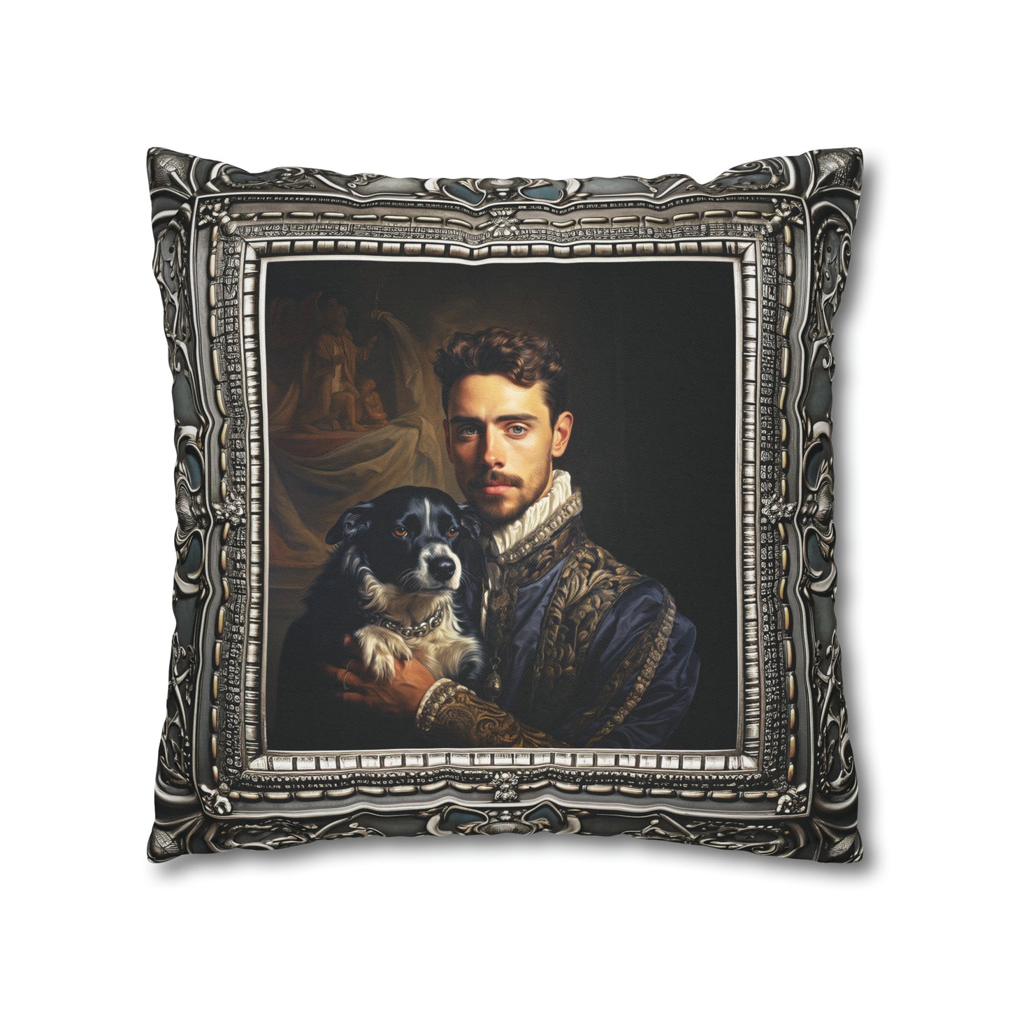 Square Pillow Case 18" x 18", CASE ONLY, no pillow form, original Art , a painterly Pillow of Renaissance Royalty with his Dog Antique Frame