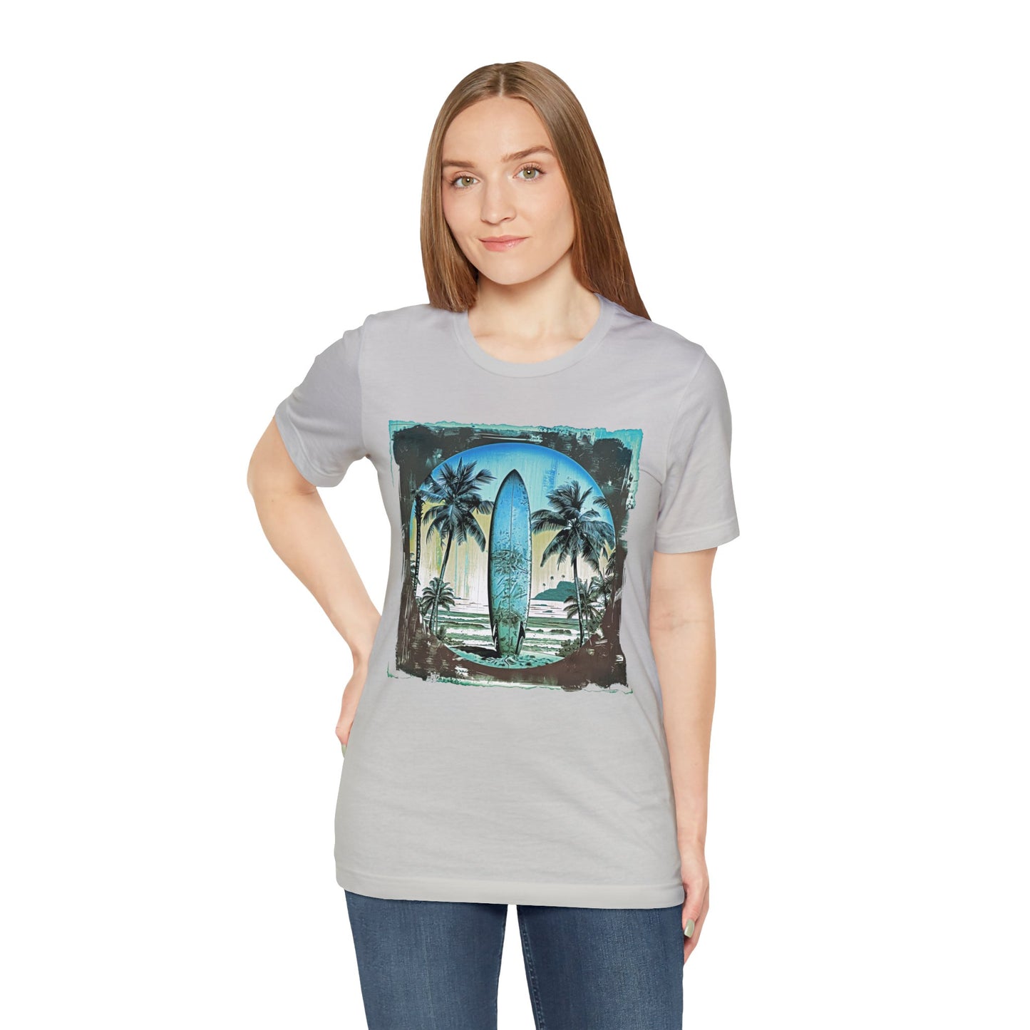 Blue board on the beach Unisex Jersey Short Sleeve Tee