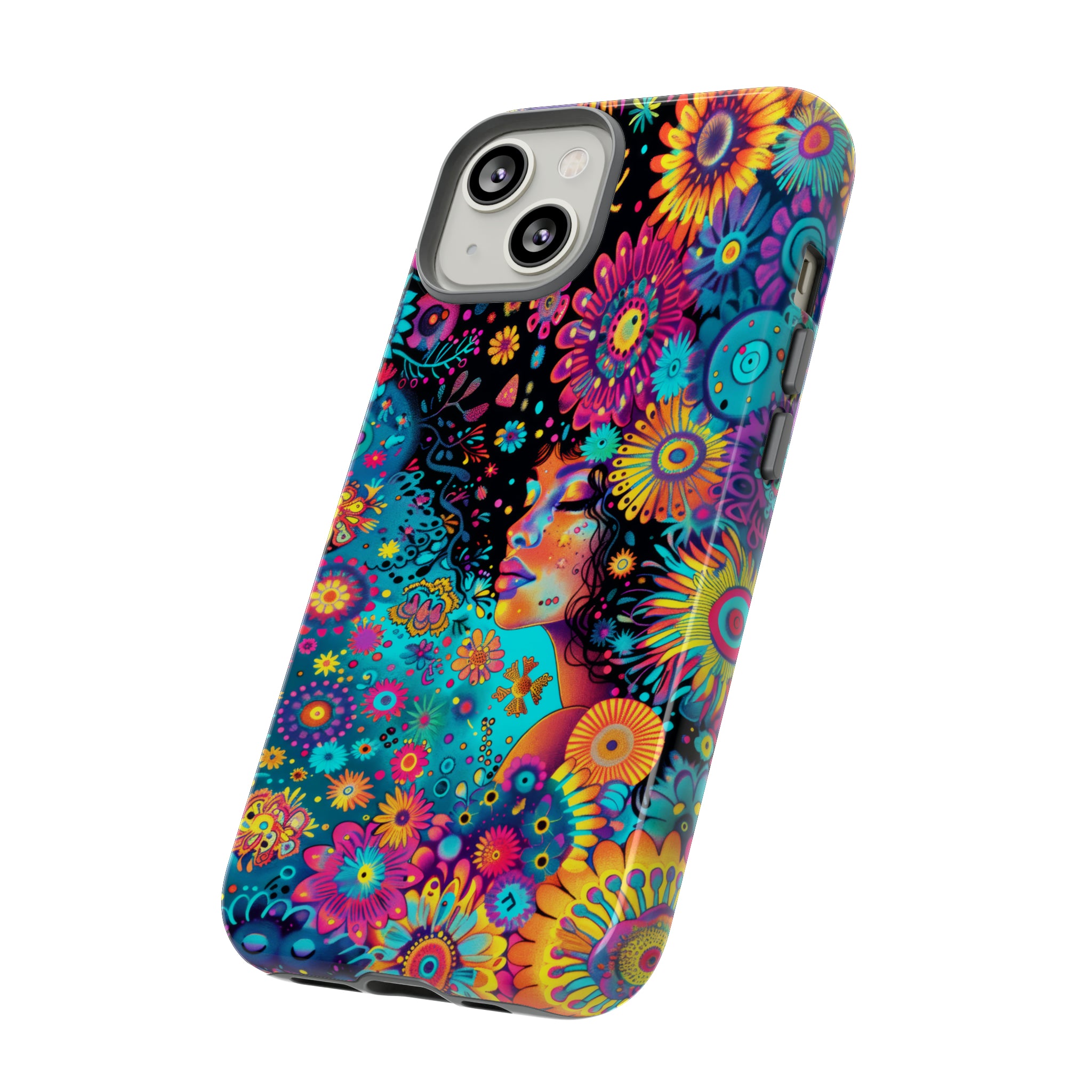 Phone Case, 1970's inspired flower girl, Artistic design, Tough Case, Colorful whimsical flower fantasy design, iPhone 15, 14, 13, 12, 11, Samsung, Pixel