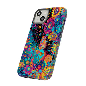 Phone Case, 1970's inspired flower girl, Artistic design, Tough Case, Colorful whimsical flower fantasy design, iPhone 15, 14, 13, 12, 11, Samsung, Pixel