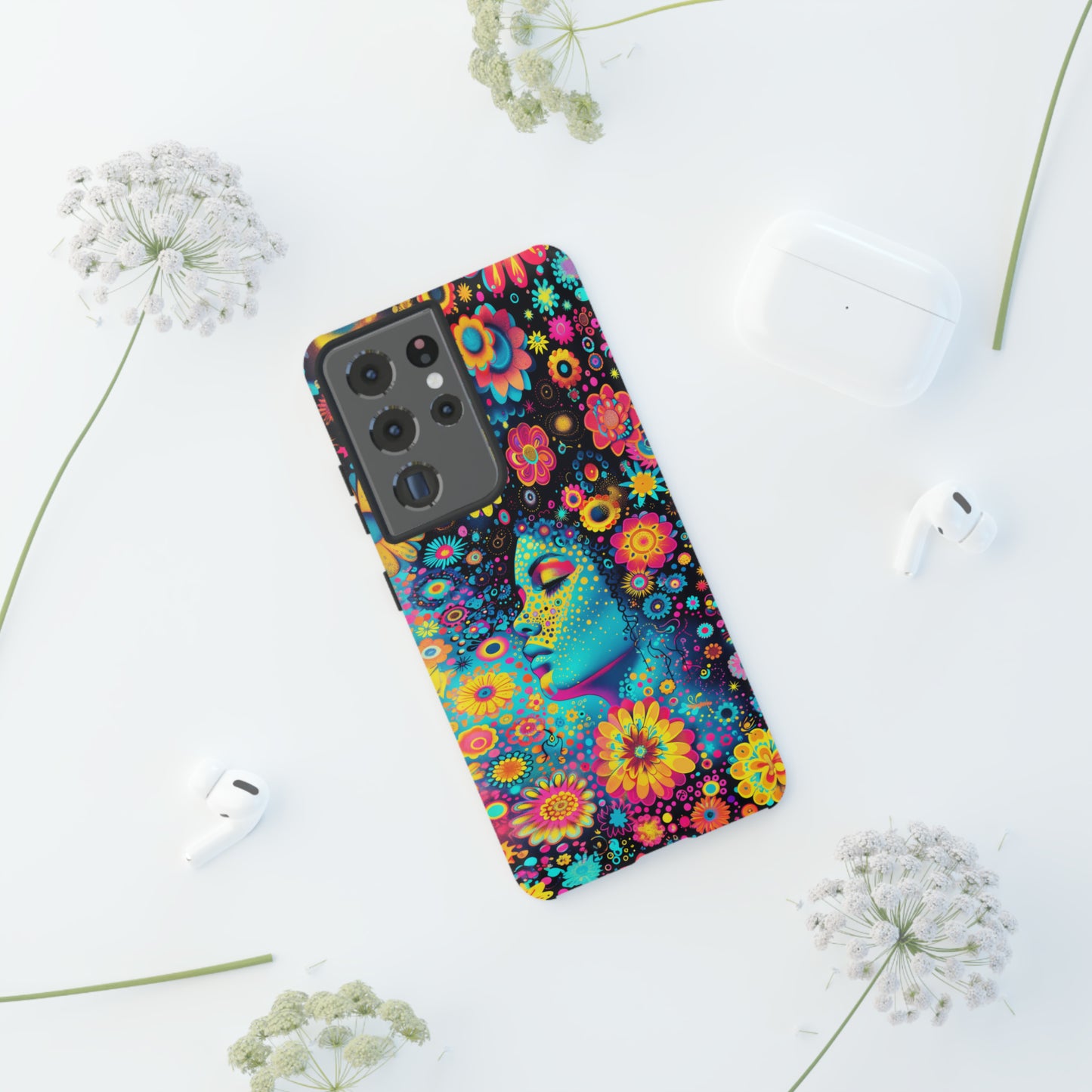 Phone Case, flower girl in aqua, Artistic design, Tough Case, Colorful whimsical flower fantasy design, iPhone 15, 14, 13, 12, 11, Samsung, Pixel