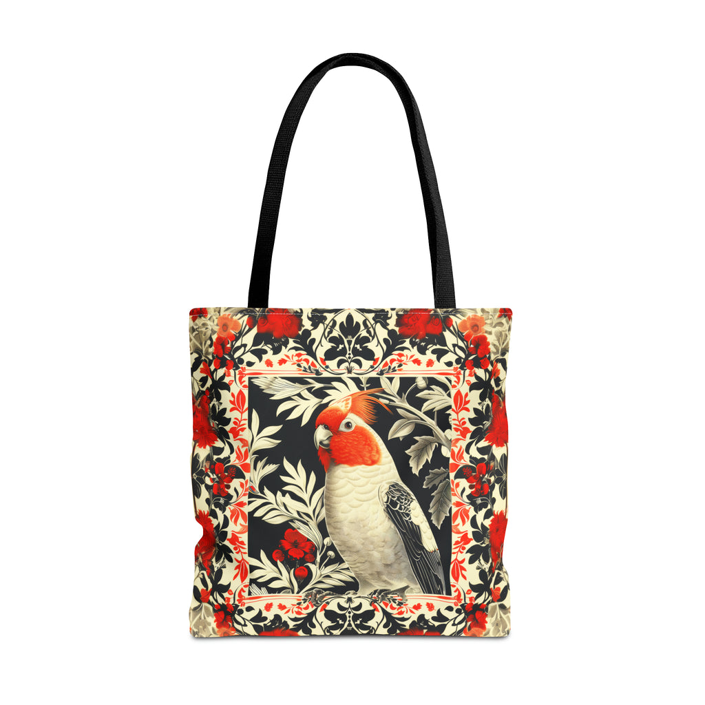 Canvas Tote Bag, vintage inspired bird design framed in flowers, all over print, vibrant colors, three sizes, cockatiel & flowers design