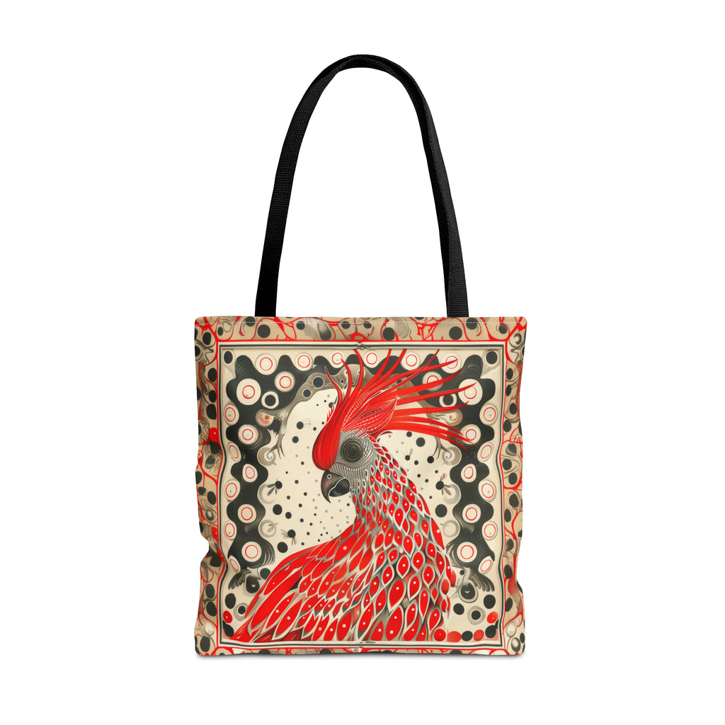 Canvas Tote Bag, vintage inspired bird design in red, vibrant whimsical peacock artistic accessory, all over print bag, three sizes