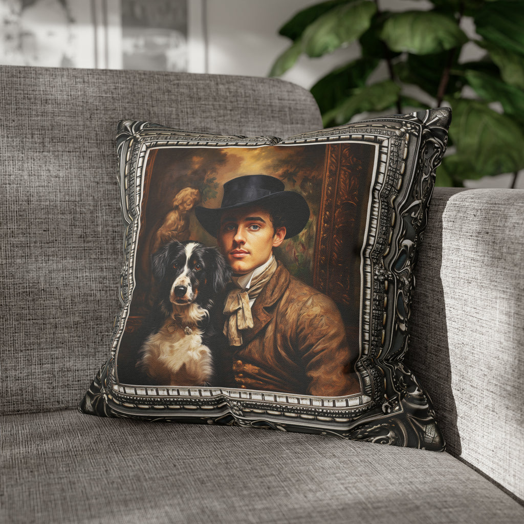 Square Pillow Case 18" x 18", CASE ONLY, no pillow form, original Art ,a Painting of a Spanish Royal and His Dog, Antique Frame