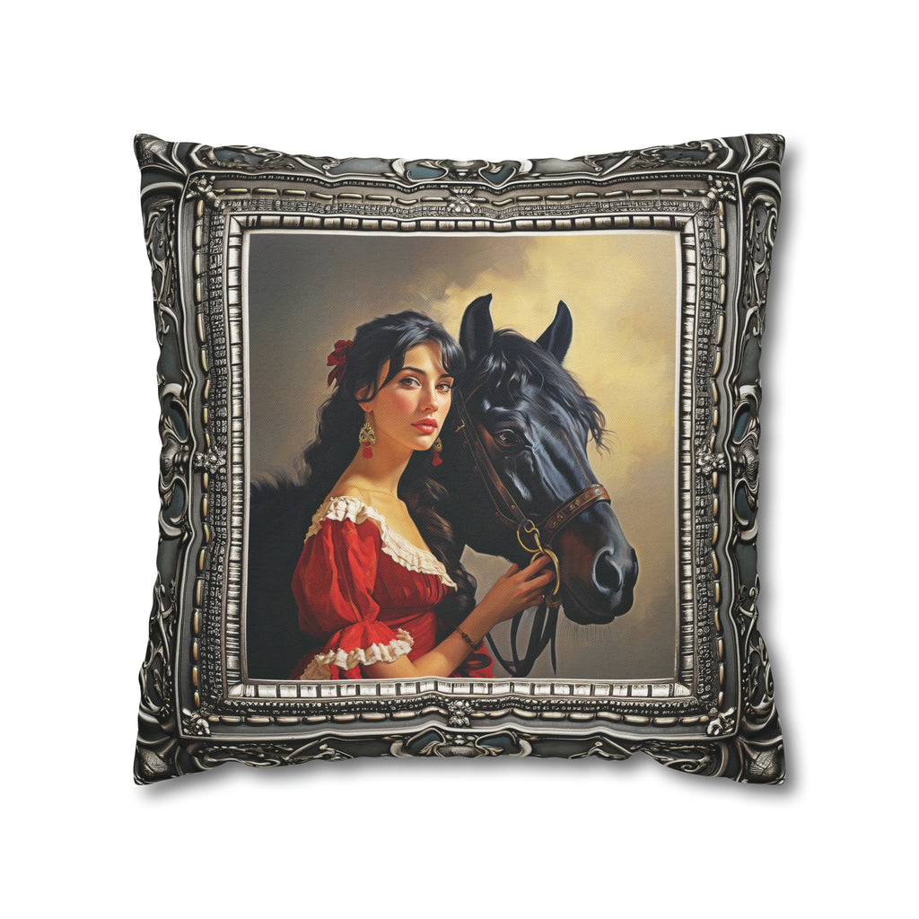 Square Pillow Case 18" x 18", CASE ONLY, no pillow form, original Art, A beautiful Painting of a Woman and Her Horse in an Antique Frame
