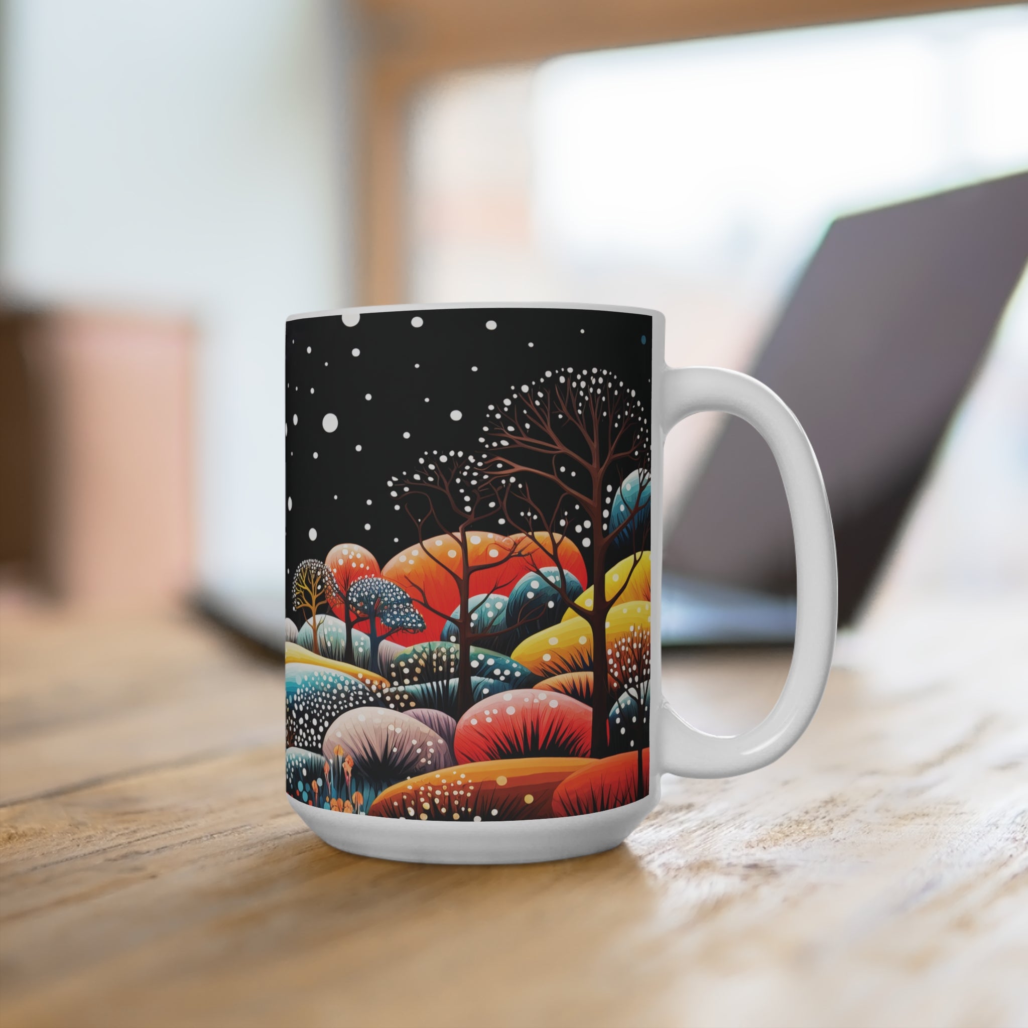 Mug 15oz Yellow Deer in a Winter Night Forest