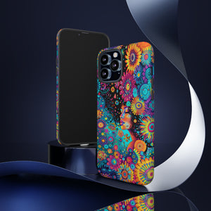 Phone Case, 1970's inspired flower girl, Artistic design, Tough Case, Colorful whimsical flower fantasy design, iPhone 15, 14, 13, 12, 11, Samsung, Pixel
