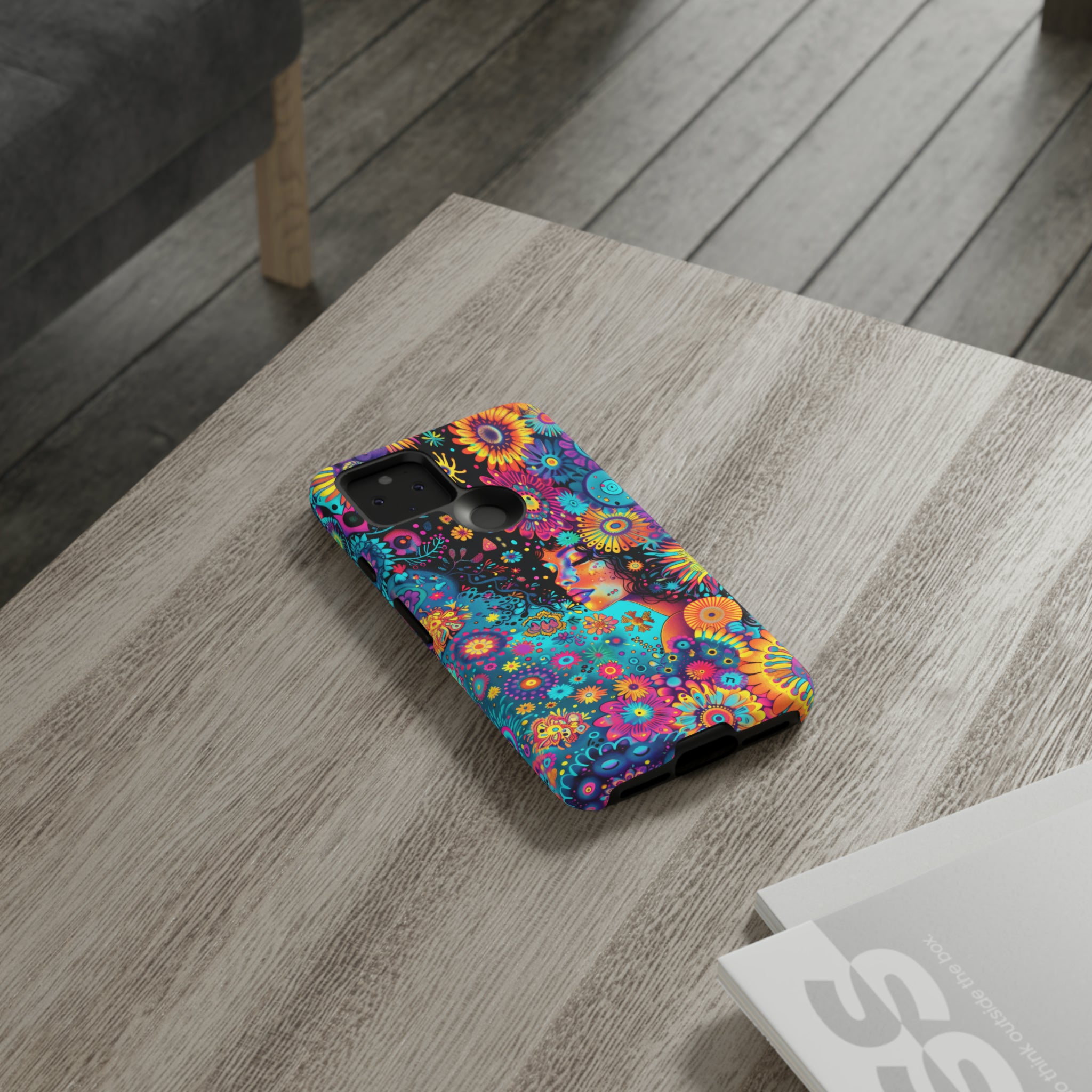 Phone Case, 1970's inspired flower girl, Artistic design, Tough Case, Colorful whimsical flower fantasy design, iPhone 15, 14, 13, 12, 11, Samsung, Pixel