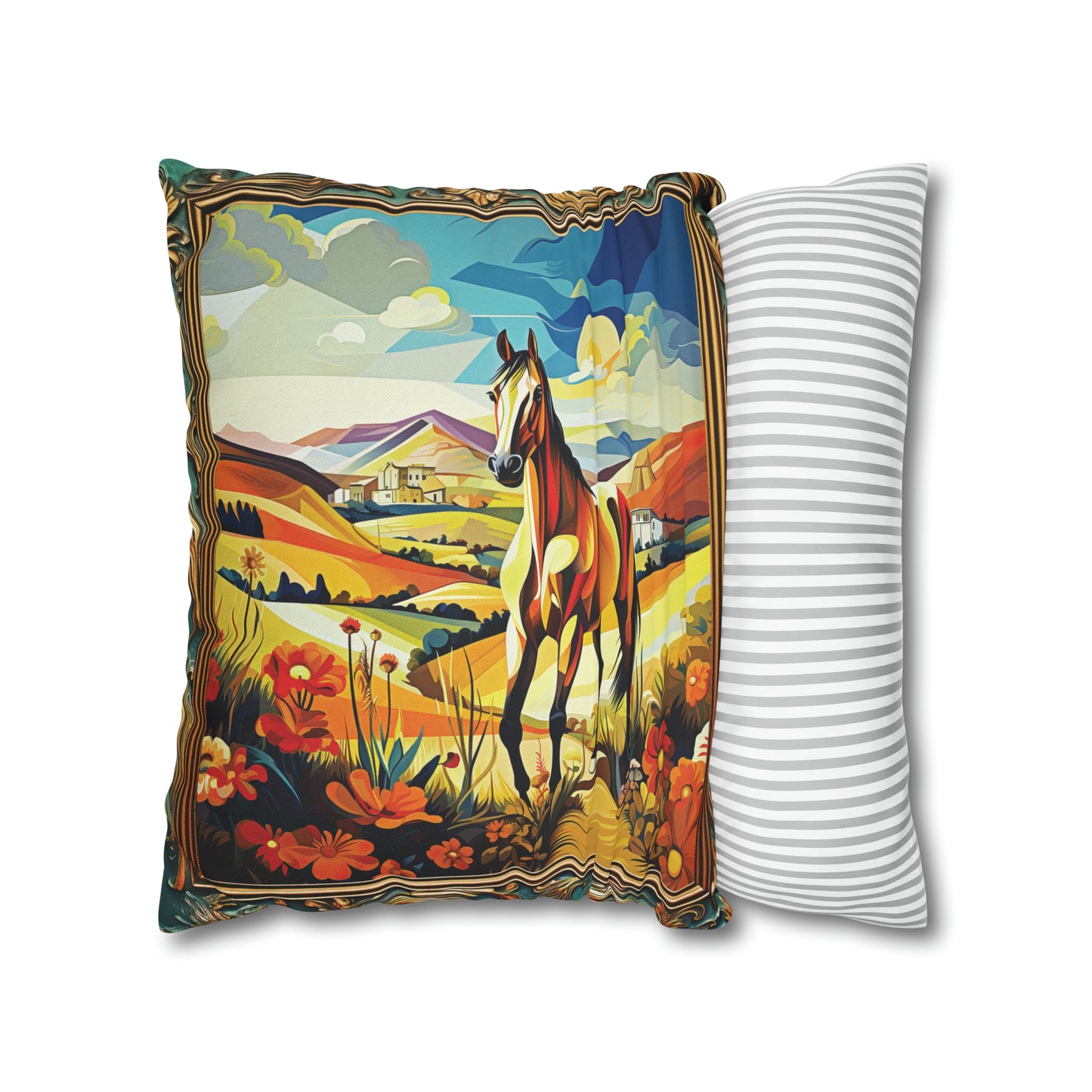Square Pillow Case 18" x 18", CASE ONLY, no pillow form, original Art ,Colorful, A beautiful Golden Horse on a Golden Landscape with a Village in the Distance