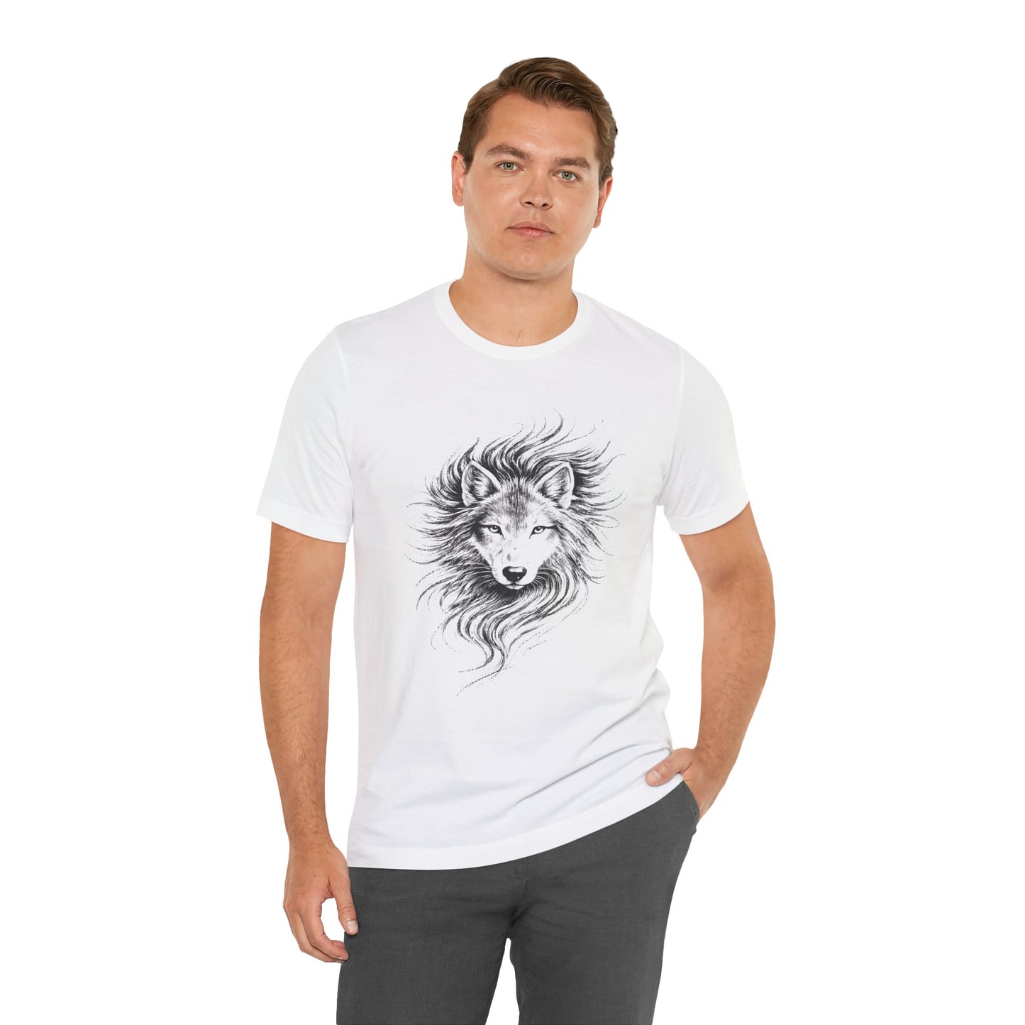 Wolf portrait in charcoal drawing style, unisex wildlife tee