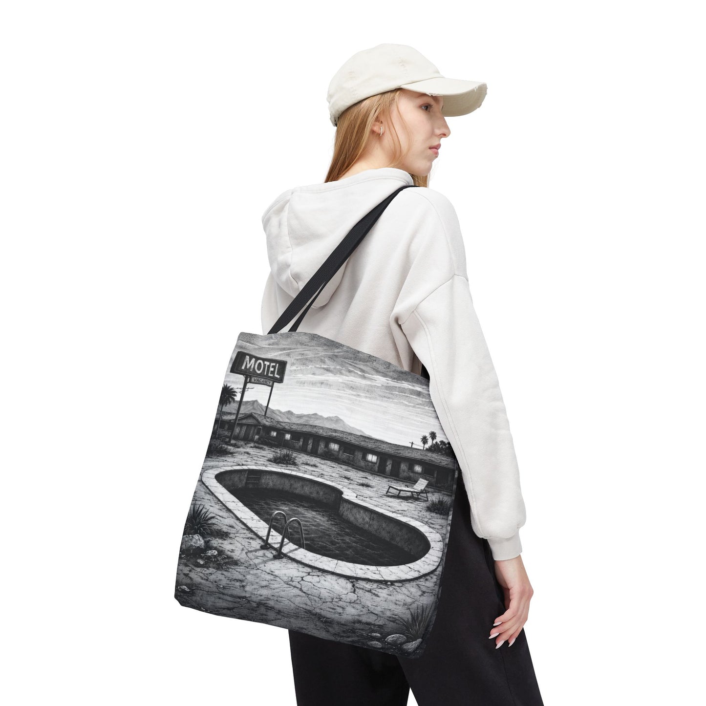 Retro Desert Motel Pool Tote Bag – Vintage Black & White Road Trip Art