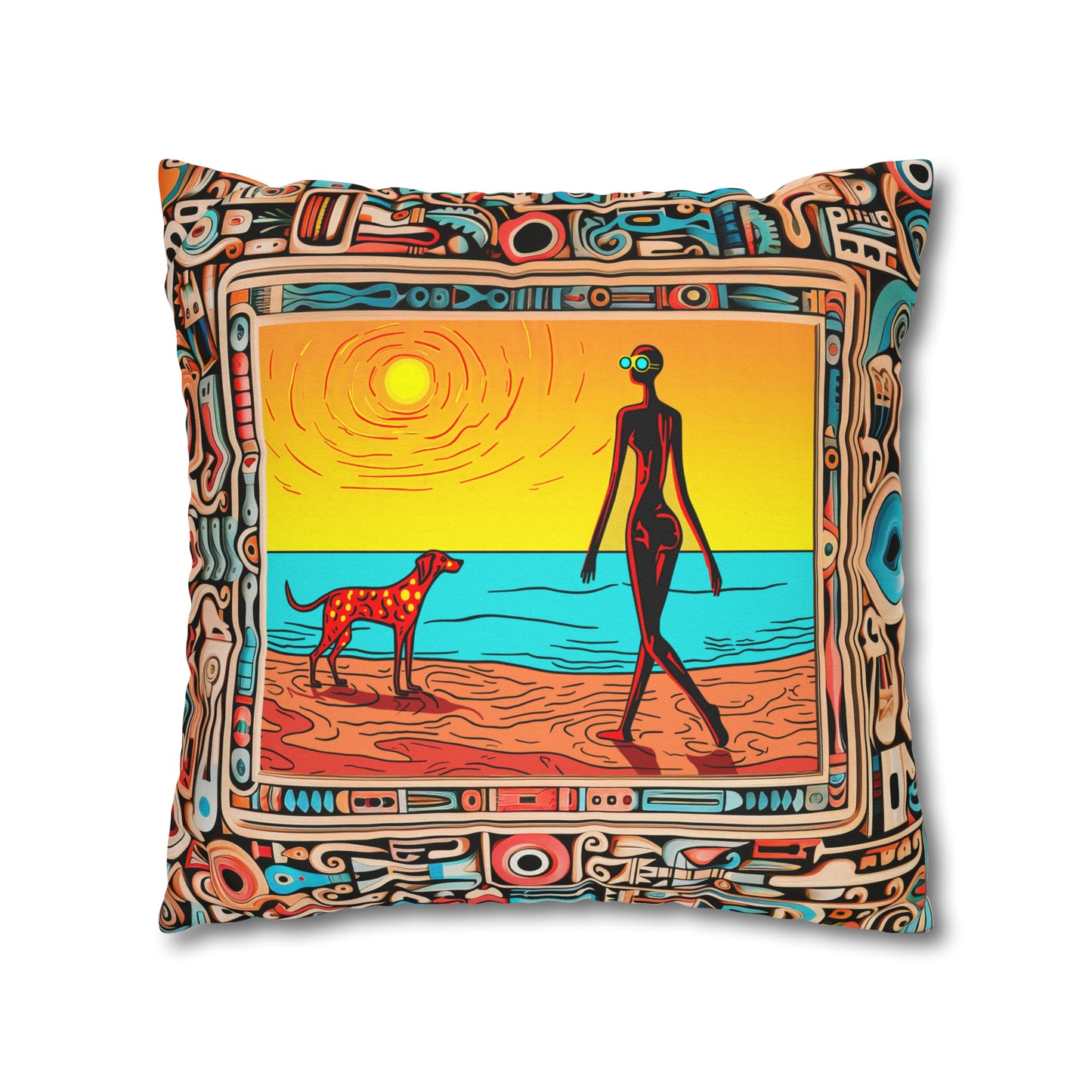 Square Pillow Case 18" x 18", CASE ONLY, no pillow form, original Pop Art Style, Alien & her Spotted Dog at the Beach, In a Frame