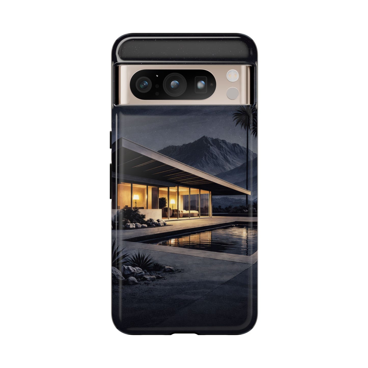 Modern Palm Springs House Phone Case — Mid-Century Poolside Evening Scene