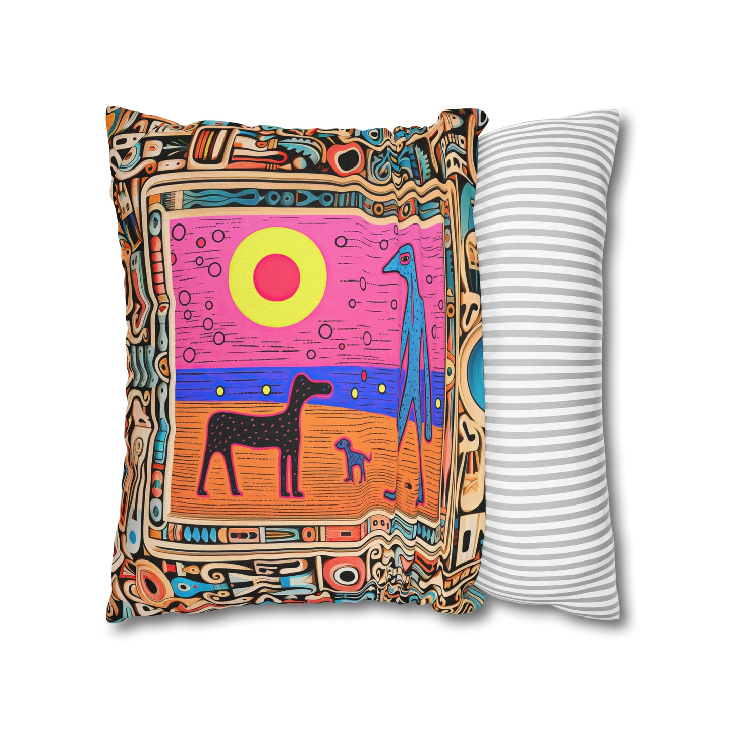 Square Pillow Case 18" x 18", CASE ONLY, no pillow form, original Pop Art Style, Blue Alien on the beach with his Dogs, Framed