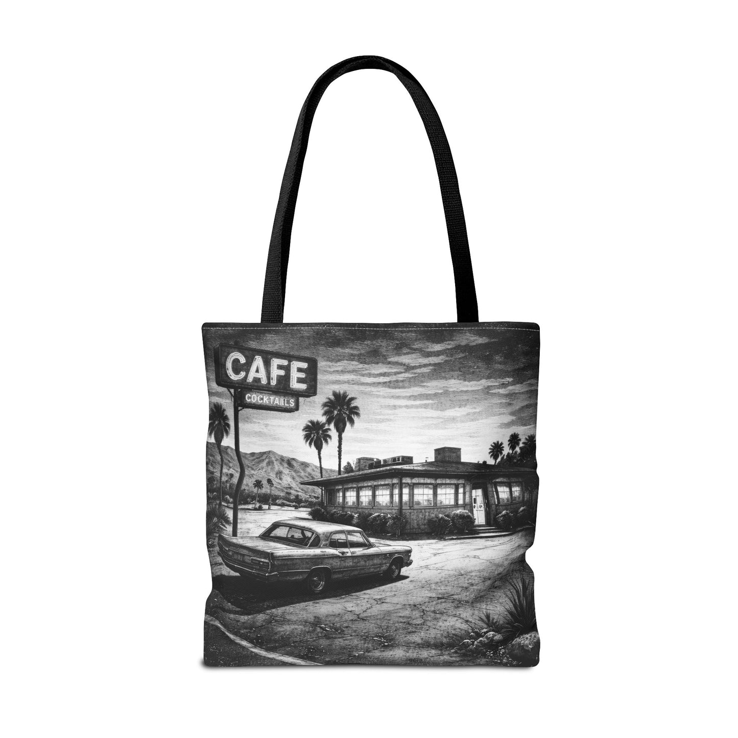 Vintage Diner Scene Tote Bag — Retro Café Black & White AOP, Vintage black & White art