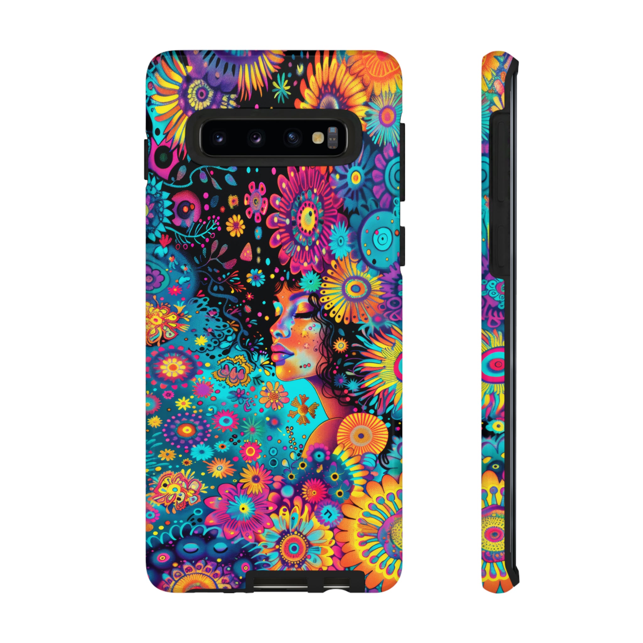 Phone Case, 1970's inspired flower girl, Artistic design, Tough Case, Colorful whimsical flower fantasy design, iPhone 15, 14, 13, 12, 11, Samsung, Pixel