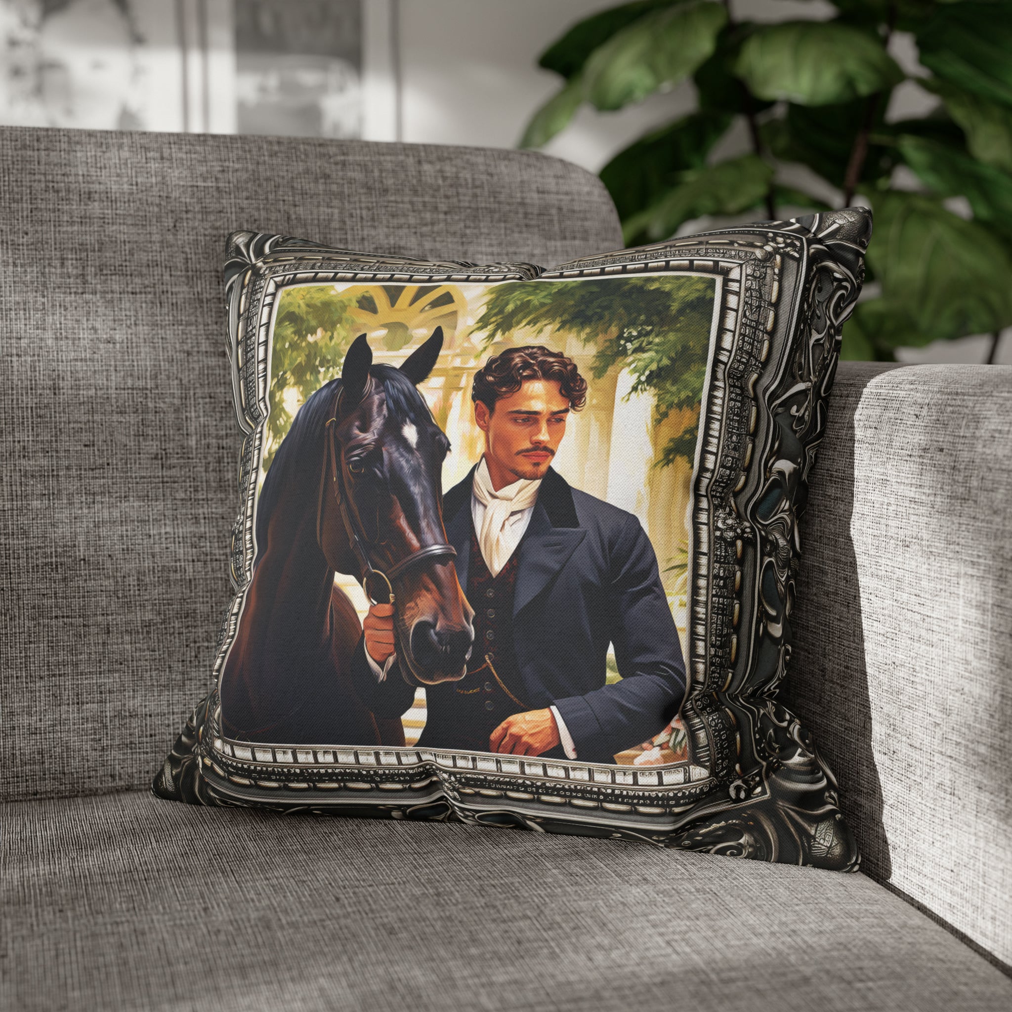 Square Pillow Case 18" x 18", CASE ONLY, no pillow form, original Art, a Painting of a young Nobleman and his Horse in an Antique Frame