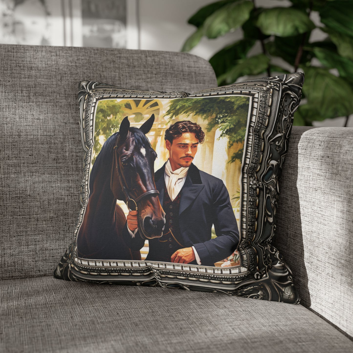 Square Pillow Case 18" x 18", CASE ONLY, no pillow form, original Art, a Painting of a young Nobleman and his Horse in an Antique Frame
