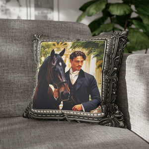 Square Pillow Case 18" x 18", CASE ONLY, no pillow form, original Art, a Painting of a young Nobleman and his Horse in an Antique Frame