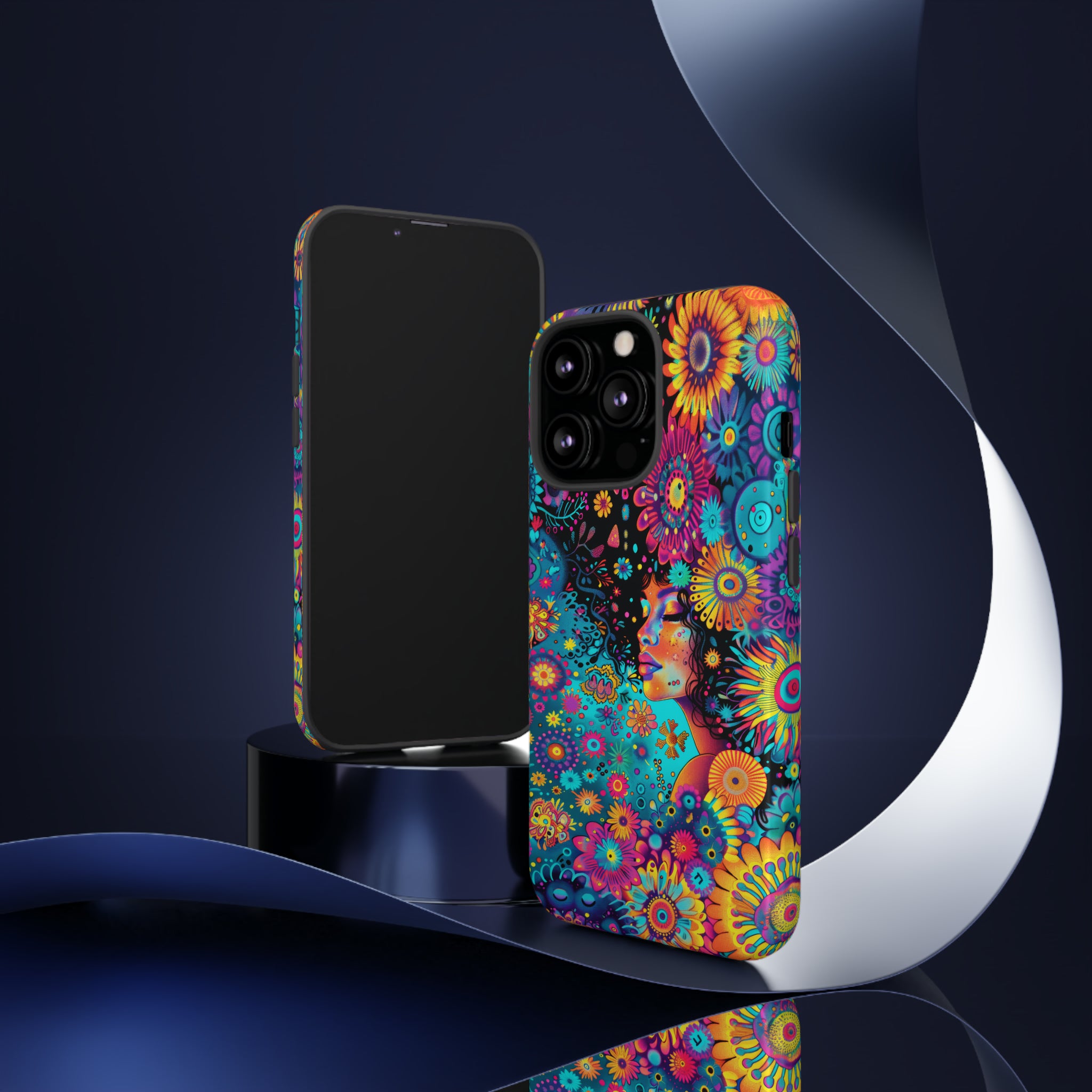 Phone Case, 1970's inspired flower girl, Artistic design, Tough Case, Colorful whimsical flower fantasy design, iPhone 15, 14, 13, 12, 11, Samsung, Pixel