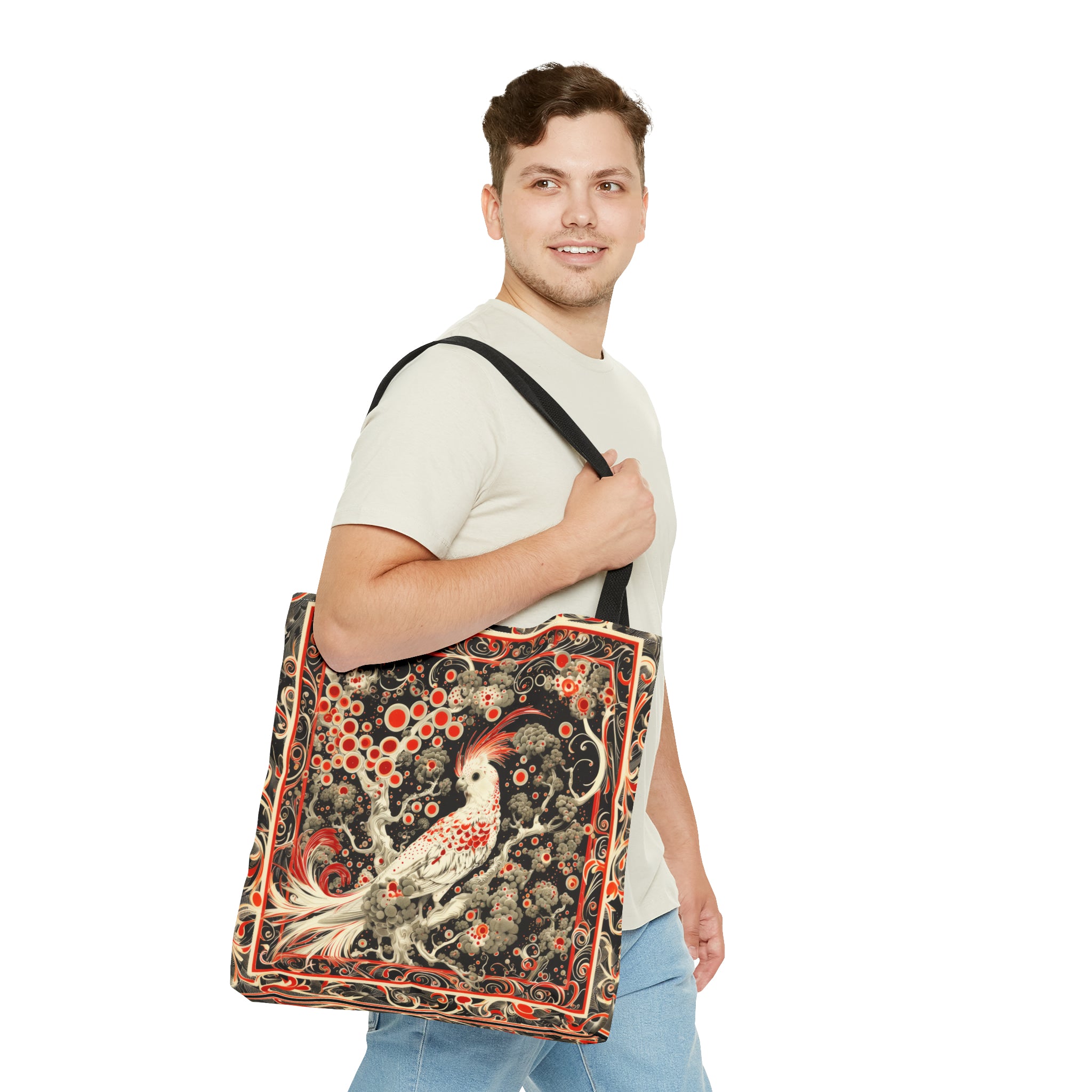 Canvas Tote Bag, vintage inspired bird design, vibrant artistic accessory, whimsical all over print bag in three sizes, cockatiel design