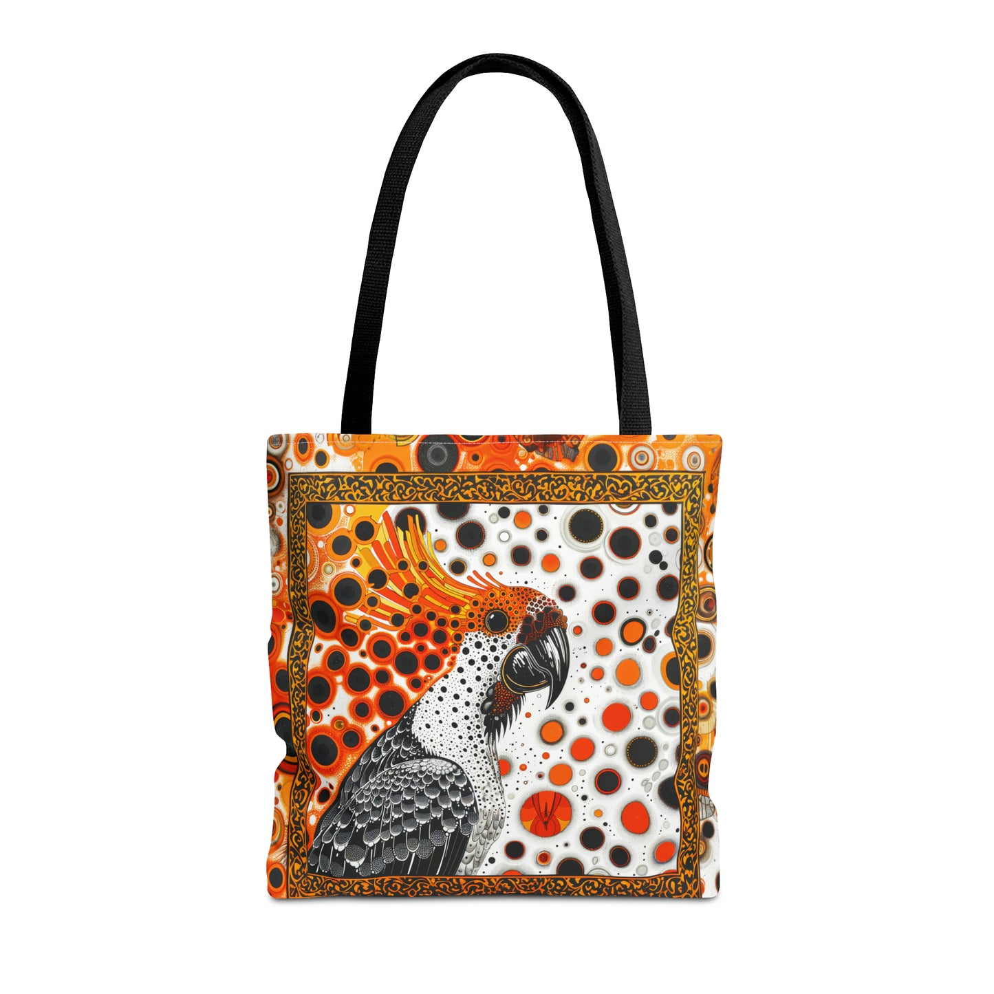 Canvas Tote Bag, Mod inspired orange bird design, vibrant artistic accessory, whimsical all over print bag in three sizes with cockatoo design