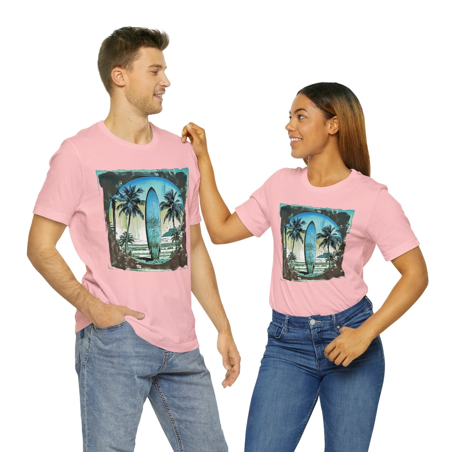 Blue board on the beach Unisex Jersey Short Sleeve Tee