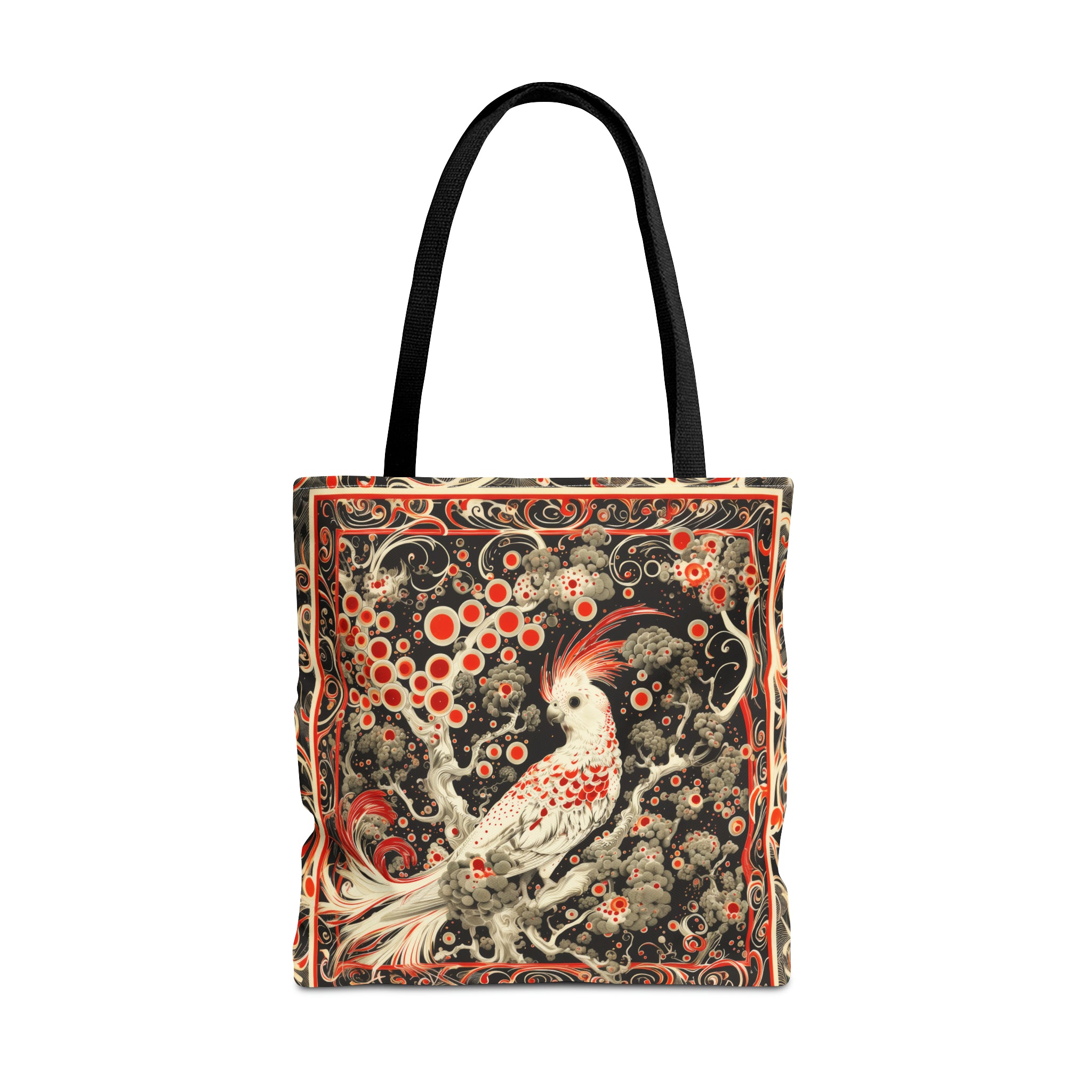 Canvas Tote Bag, vintage inspired bird design, vibrant artistic accessory, whimsical all over print bag in three sizes, cockatiel design