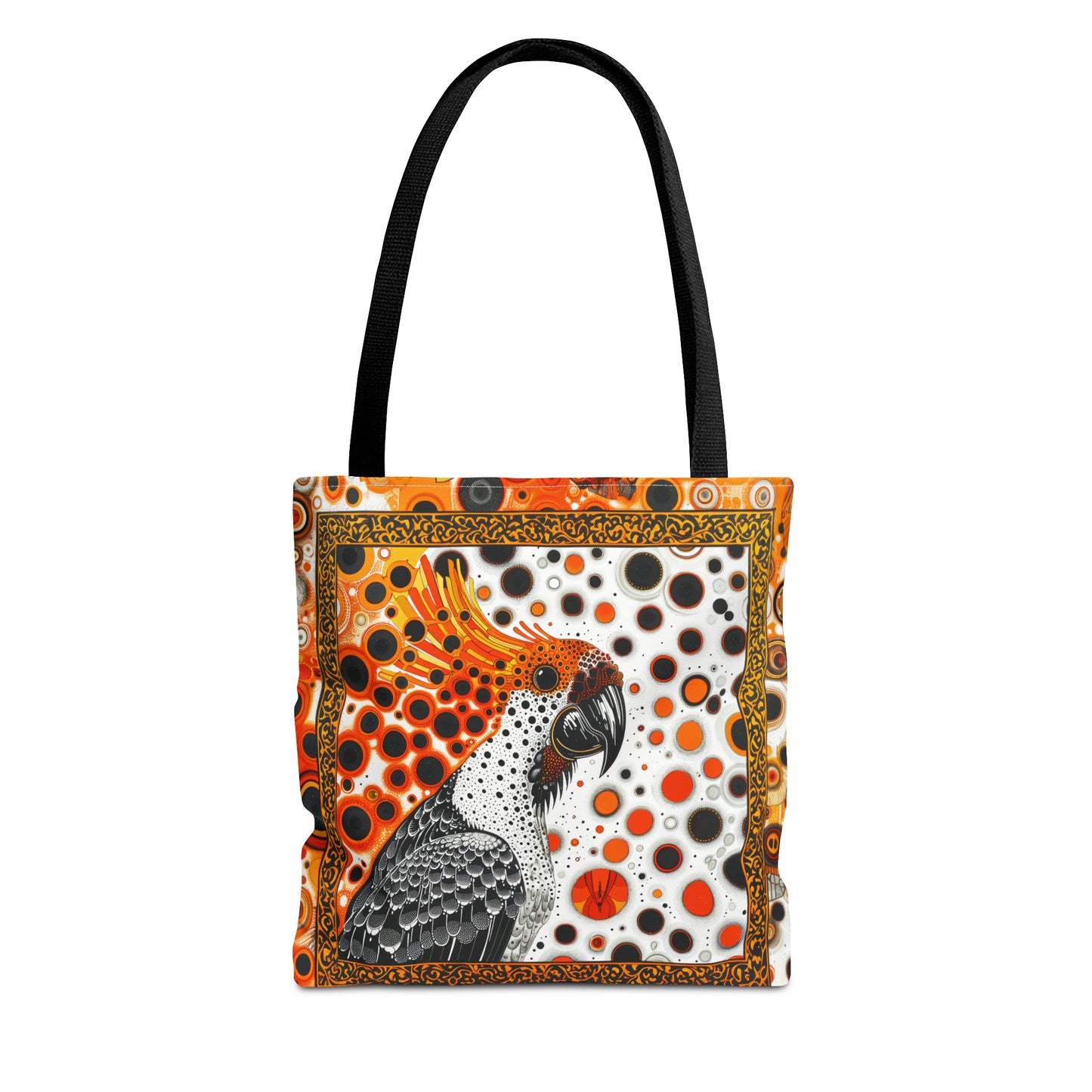 Canvas Tote Bag, Mod inspired orange bird design, vibrant artistic accessory, whimsical all over print bag in three sizes with cockatoo design