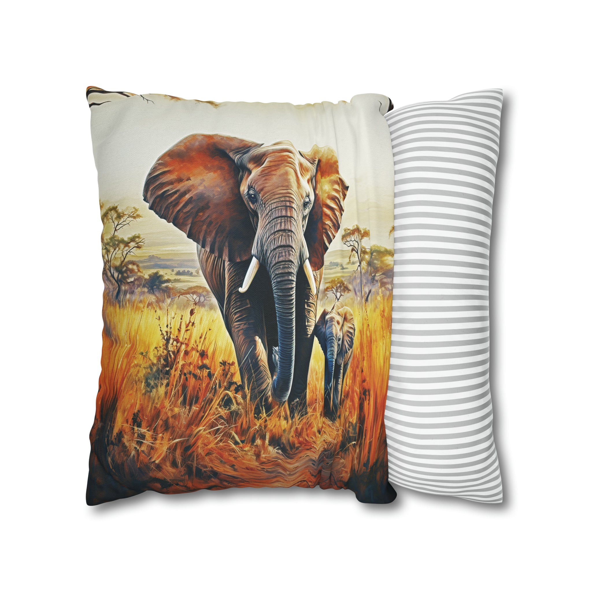 Square Pillow Case 18" x 18", CASE ONLY, no pillow form, original Art ,Colorful, a Mother Elephant and her Calf on the Plains of Africa