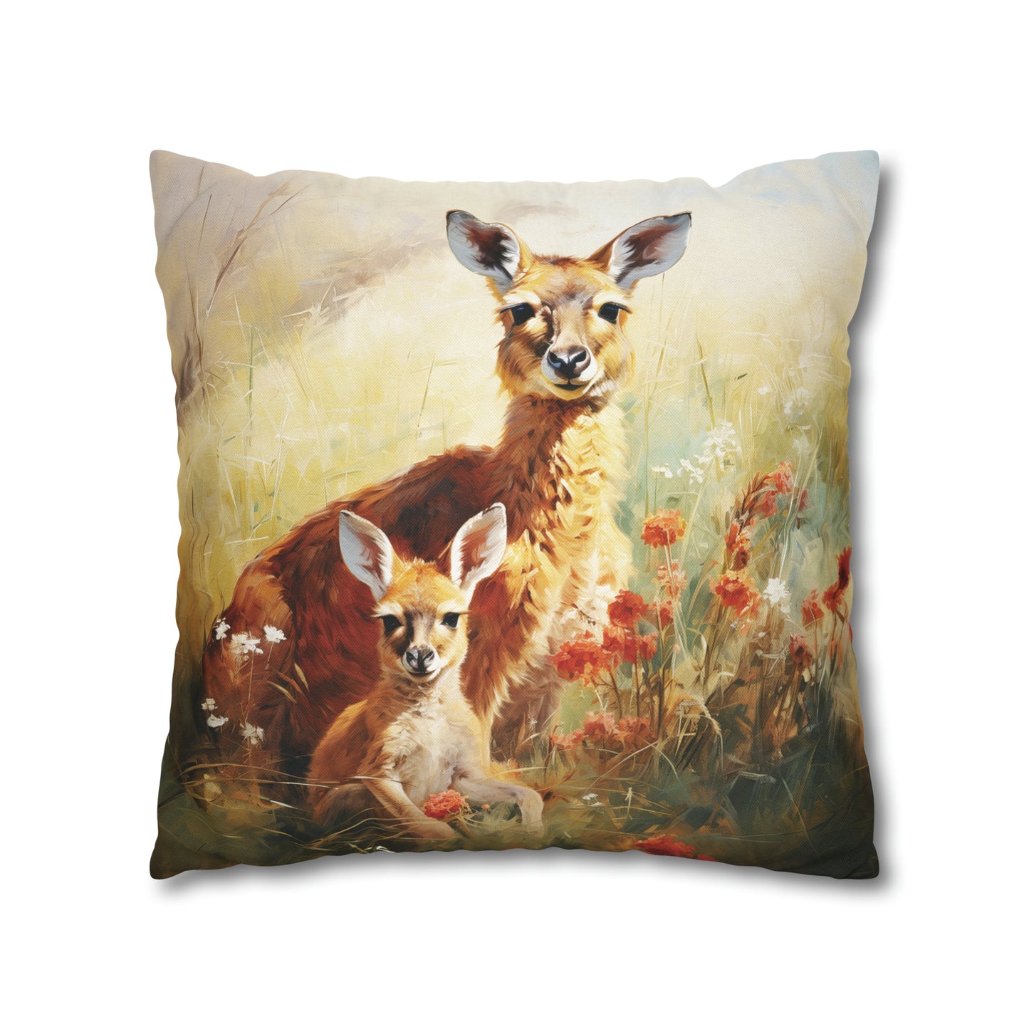 Square Pillow Case 18" x 18", CASE ONLY, no pillow form, original Art ,Colorful, a Mother Kangaroo with Her Joey in the Golden Grass with Flowers