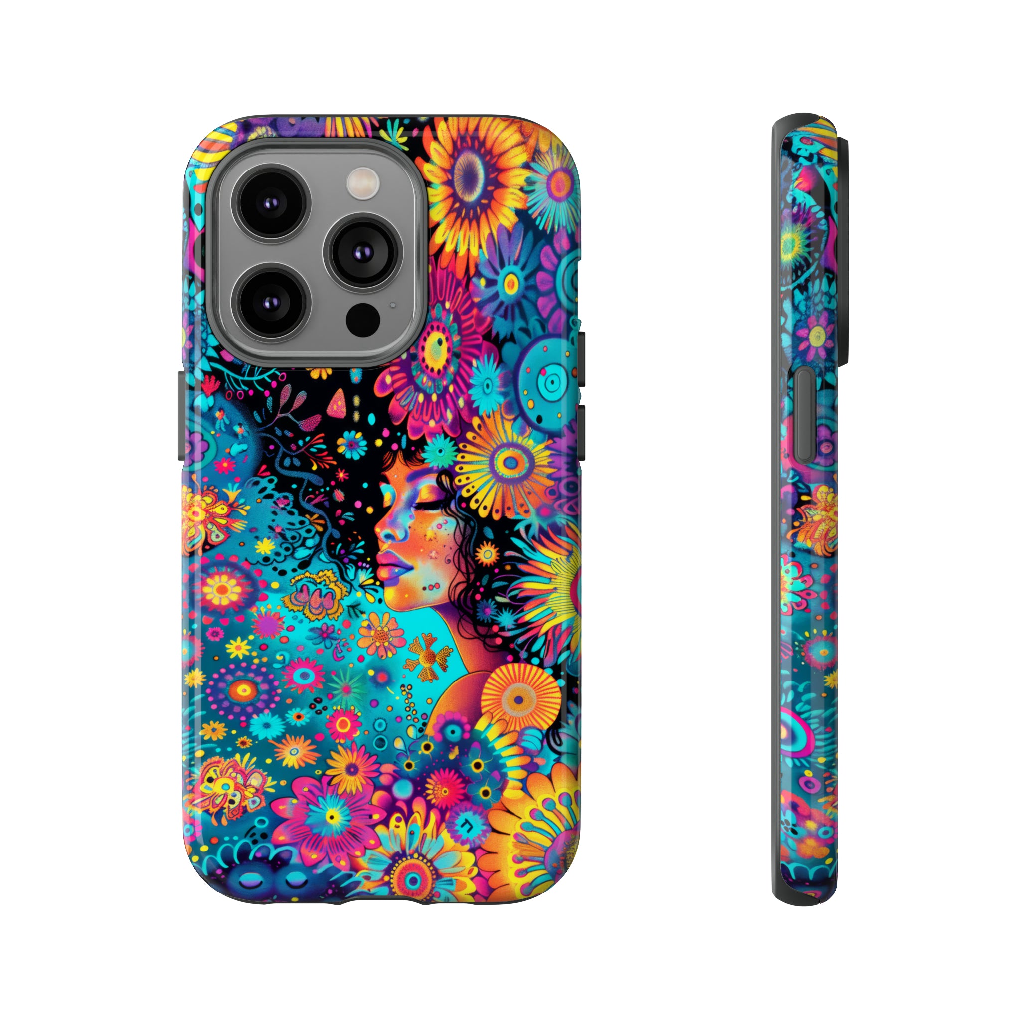 Phone Case, 1970's inspired flower girl, Artistic design, Tough Case, Colorful whimsical flower fantasy design, iPhone 15, 14, 13, 12, 11, Samsung, Pixel