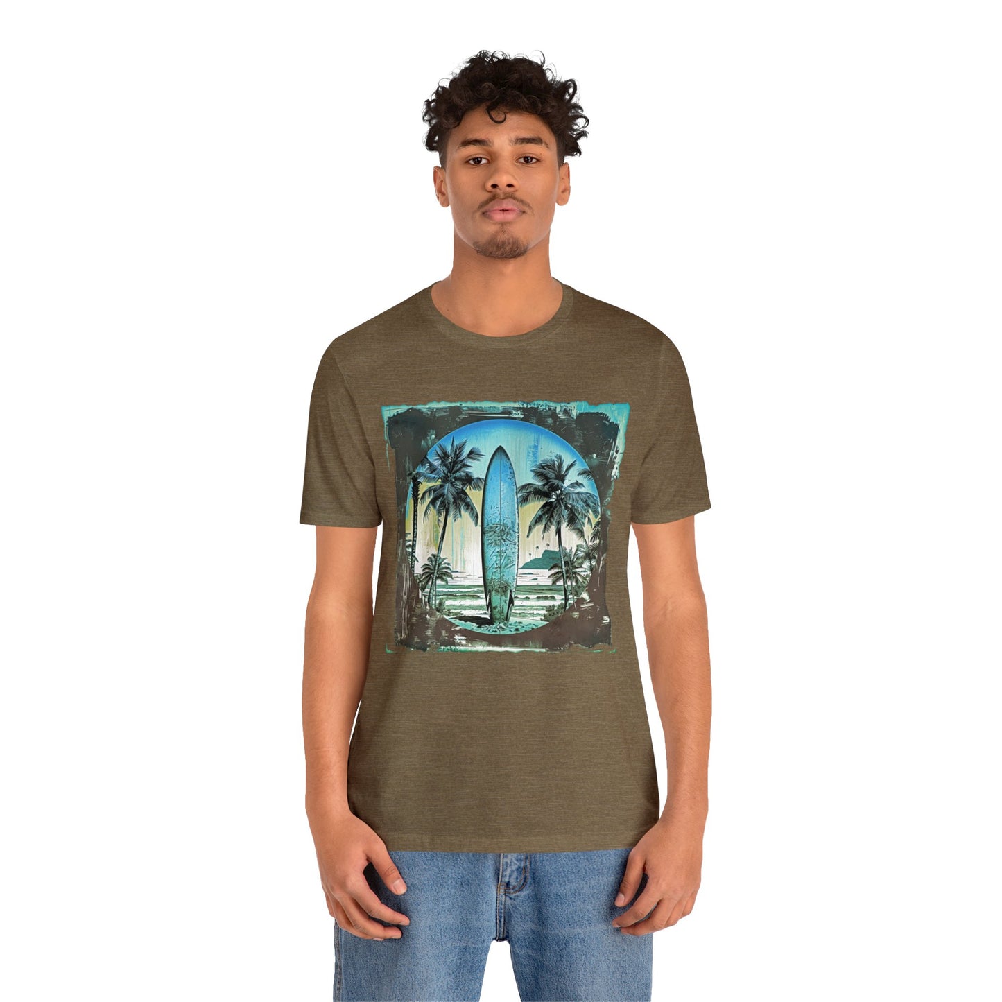 Blue board on the beach Unisex Jersey Short Sleeve Tee