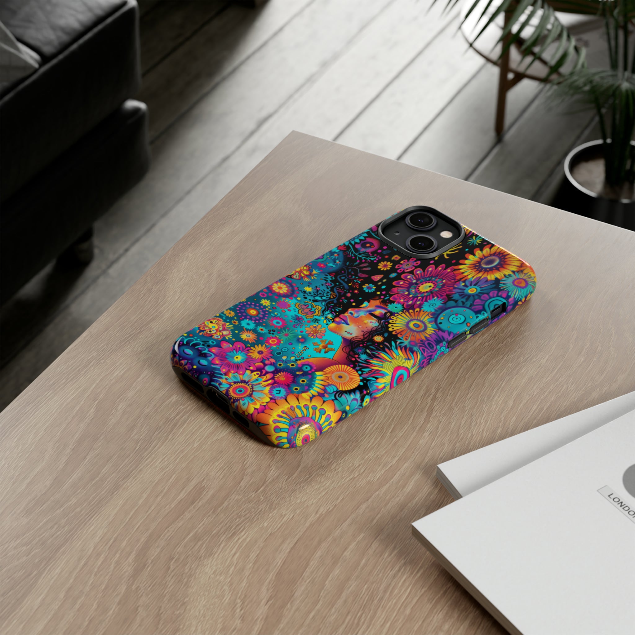 Phone Case, 1970's inspired flower girl, Artistic design, Tough Case, Colorful whimsical flower fantasy design, iPhone 15, 14, 13, 12, 11, Samsung, Pixel