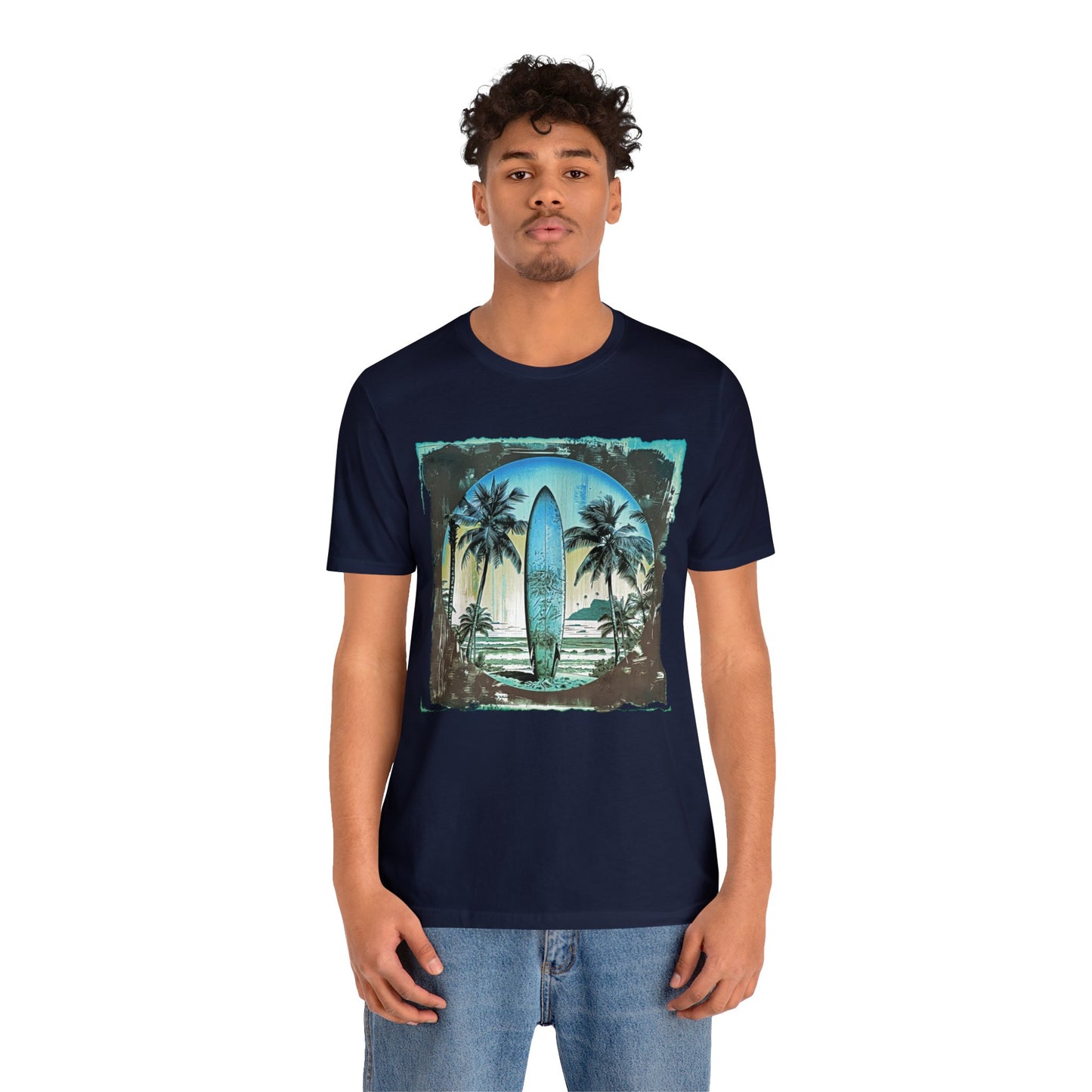 Blue board on the beach Unisex Jersey Short Sleeve Tee