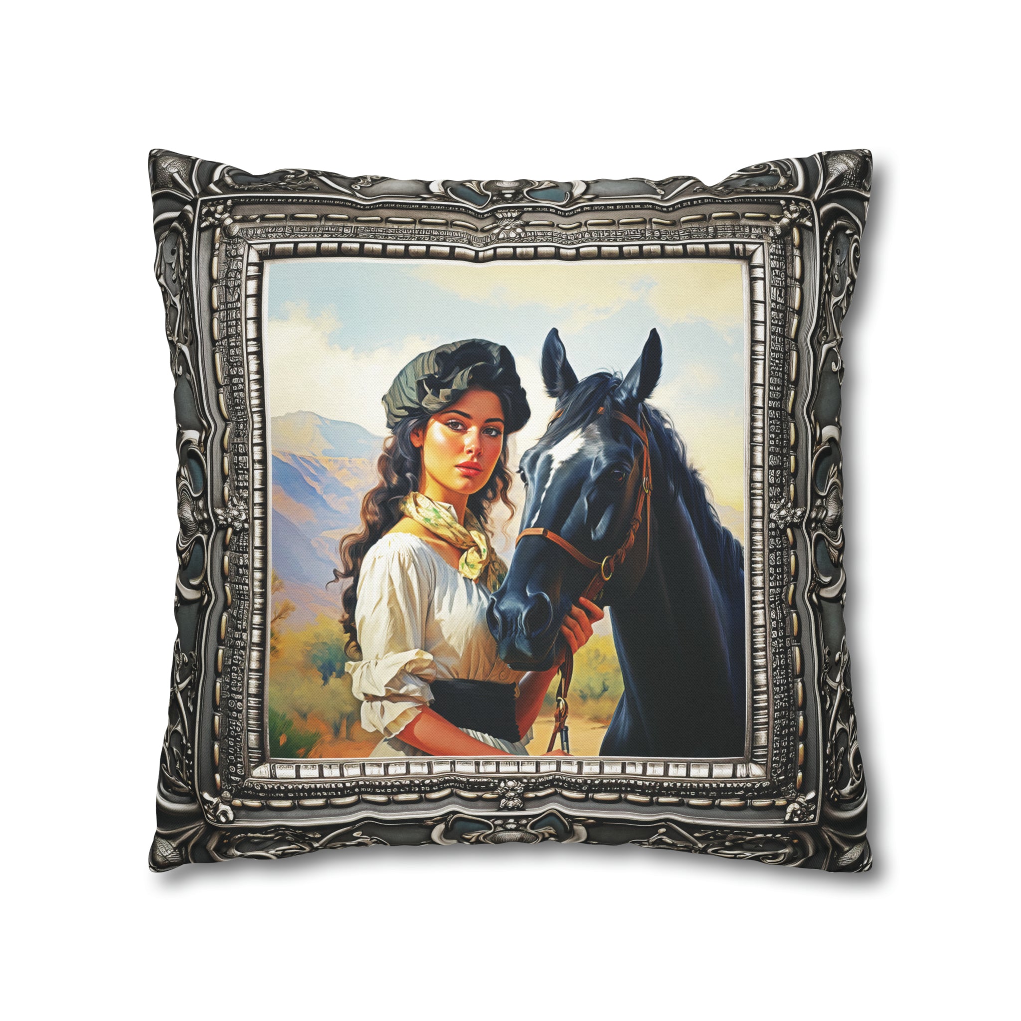 Square Pillow Case 18" x 18", CASE ONLY, no pillow form, original Art ,a Painting of a Tuscan Woman with Her Horse in the Countryside