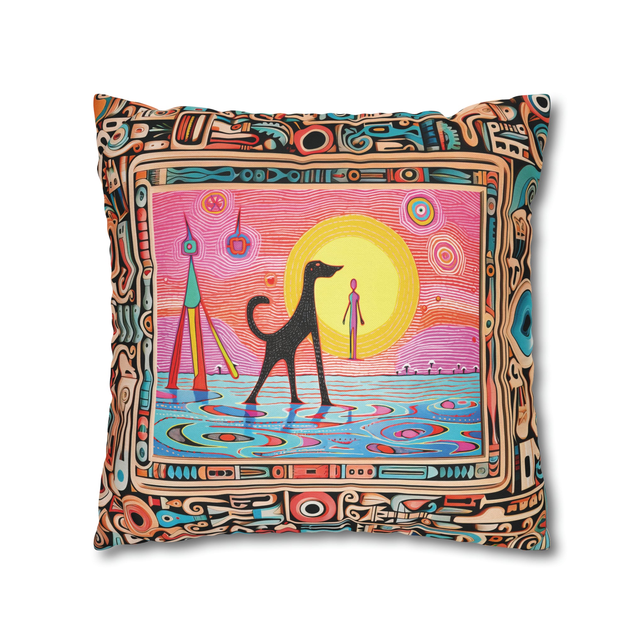 Square Pillow Case 18" x 18", CASE ONLY, no pillow form, original Pop Art Style, Alien Dog Taking a Swim, Image in a frame